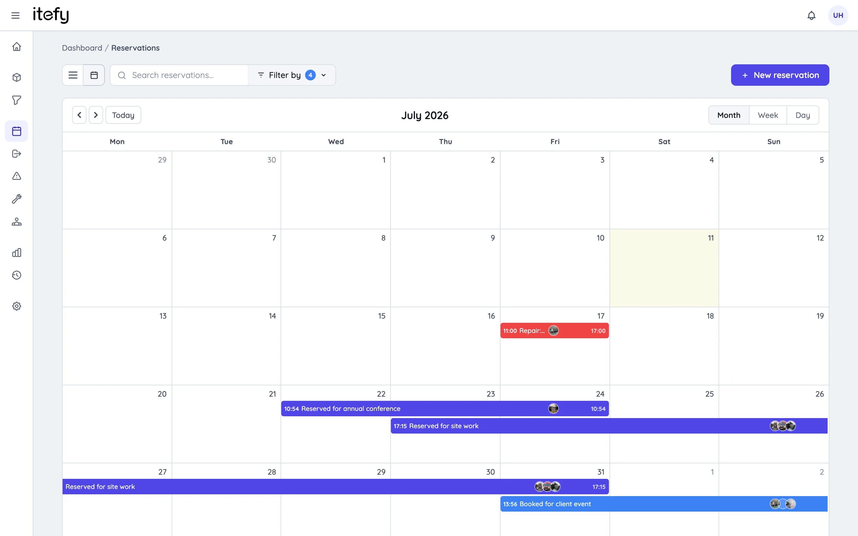 Month calendar with reservations drawn as colored bars, colored by classification