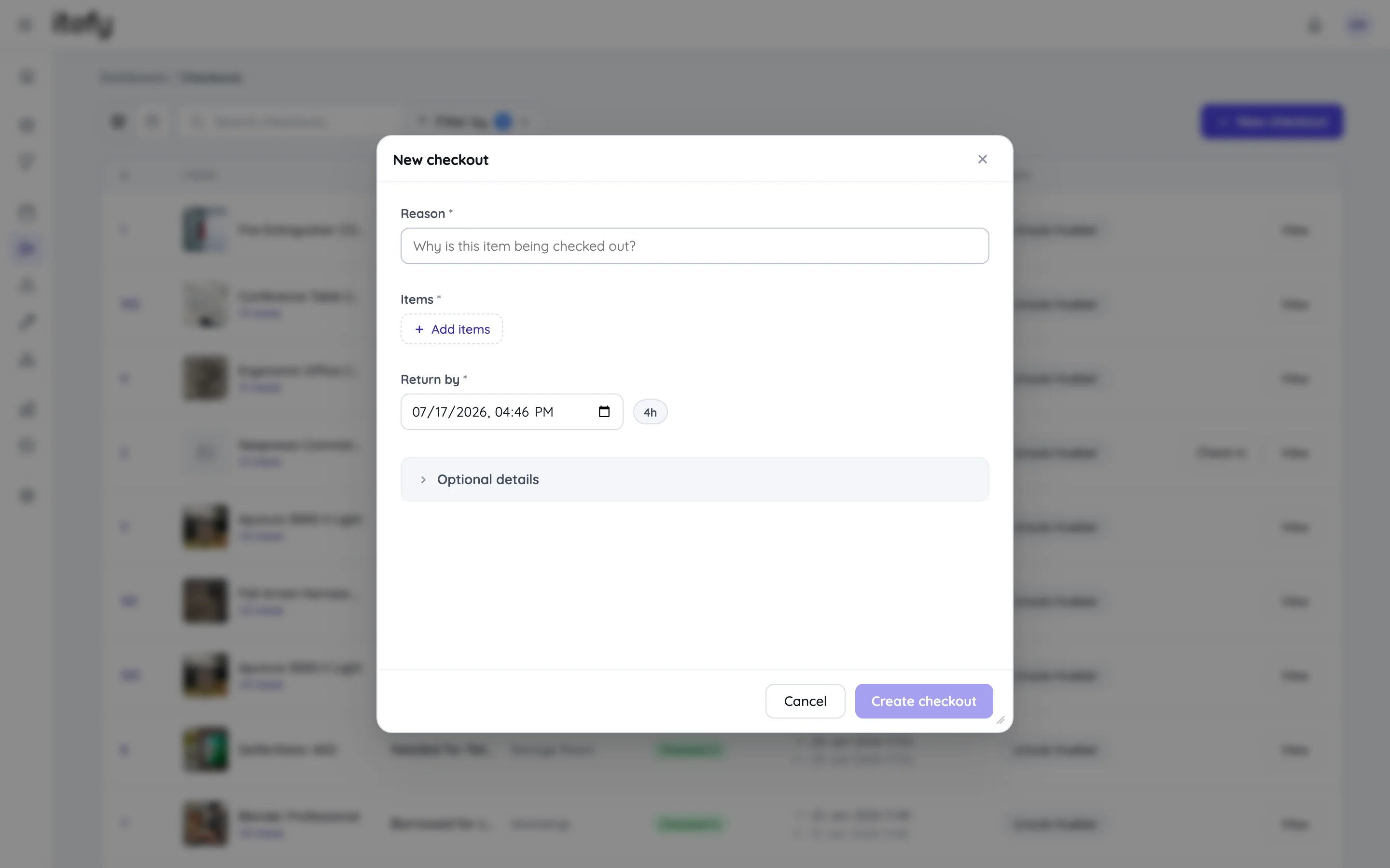 New checkout window with reason field, items picker and return-by time