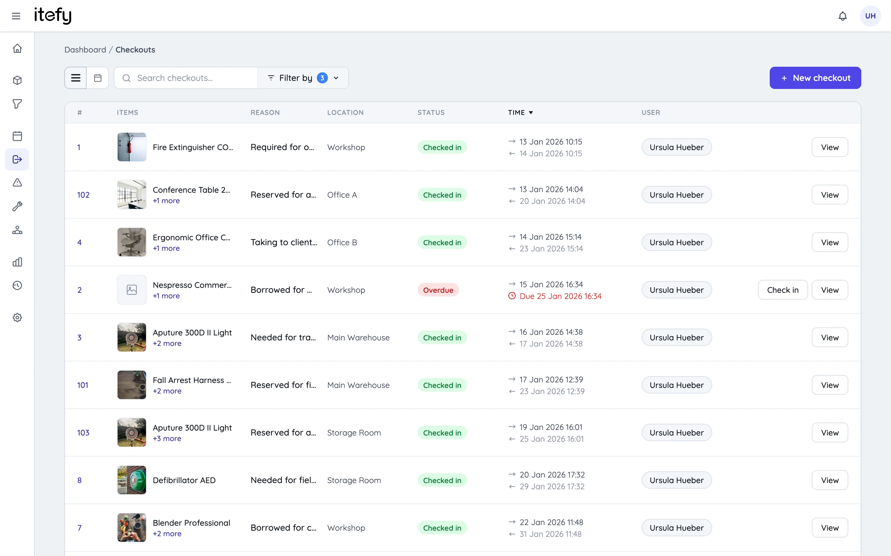 Checkouts list showing checked-out items, assignees, due dates and status badges