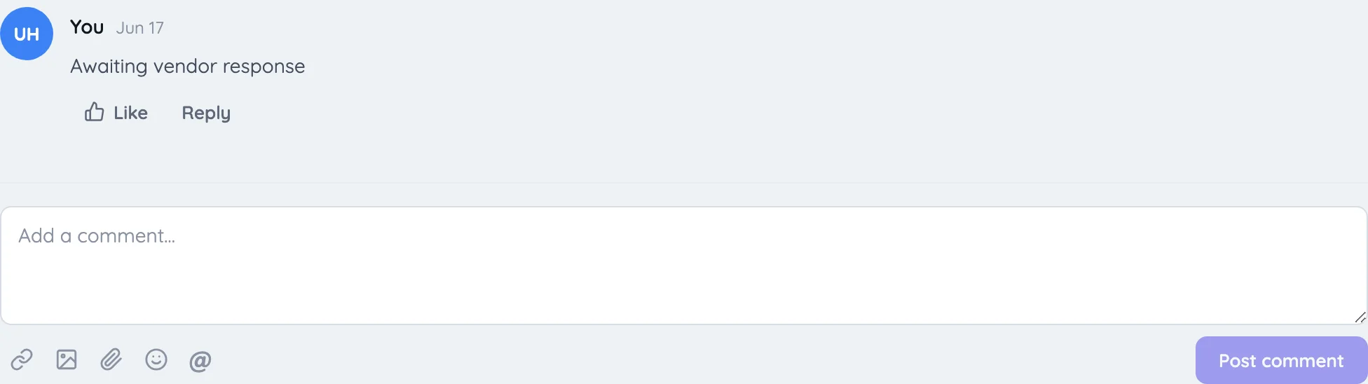 Comment composer with a text field and toolbar buttons for links, images, attachments, emoji and mentions