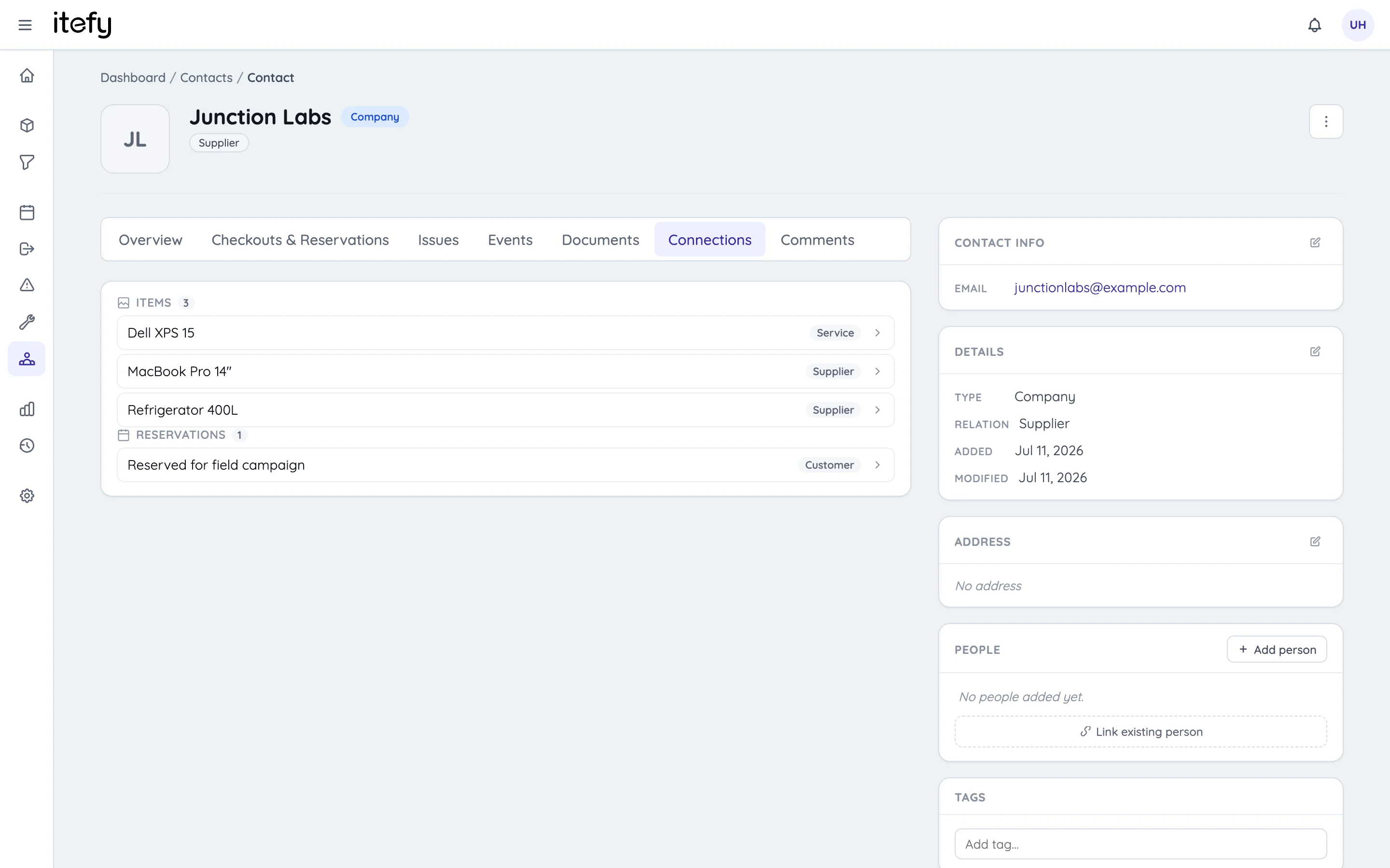 Connections tab on a contact page listing the items, reservations, events and issues the contact is linked to