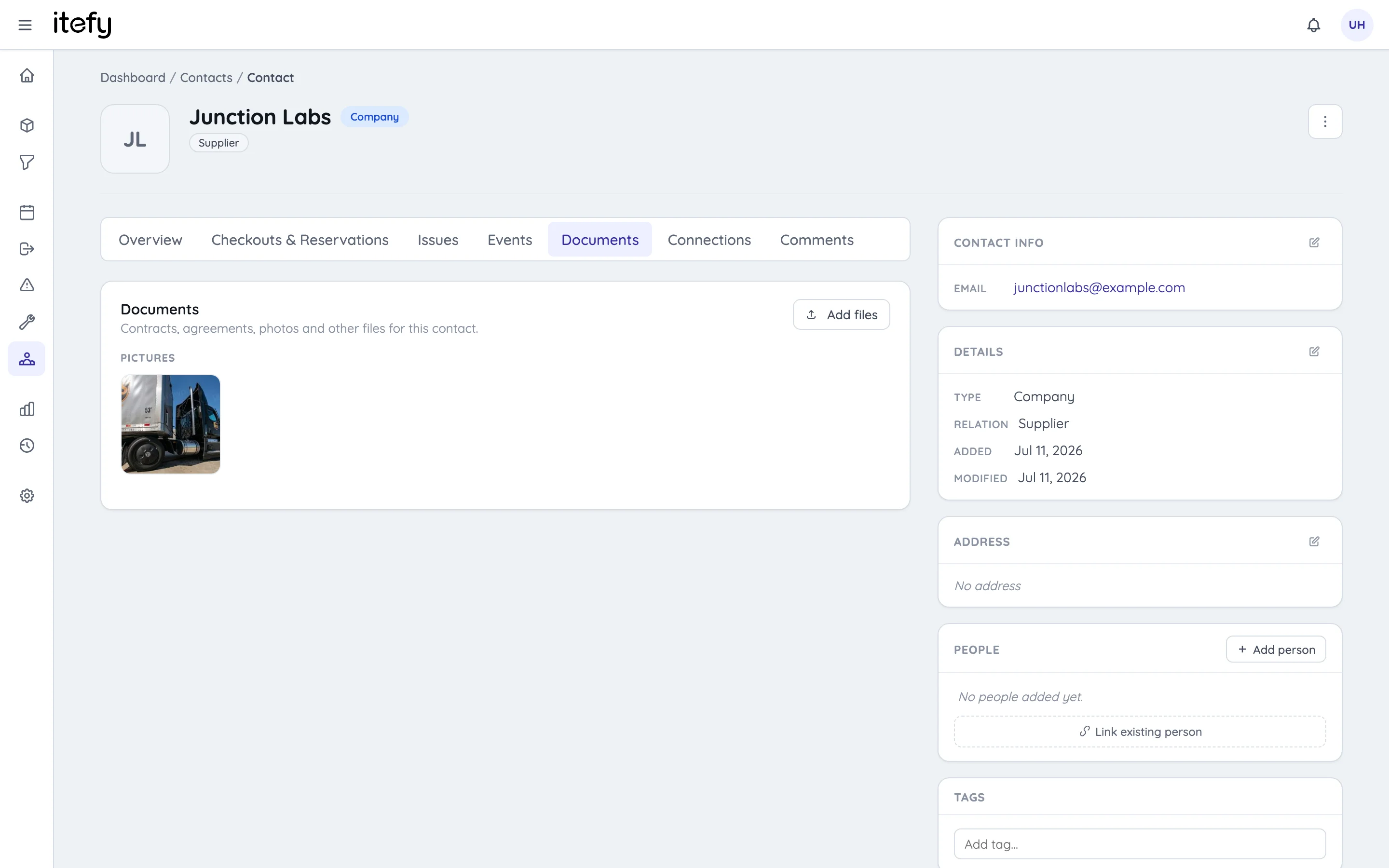 Documents tab on a contact page with uploaded pictures and files