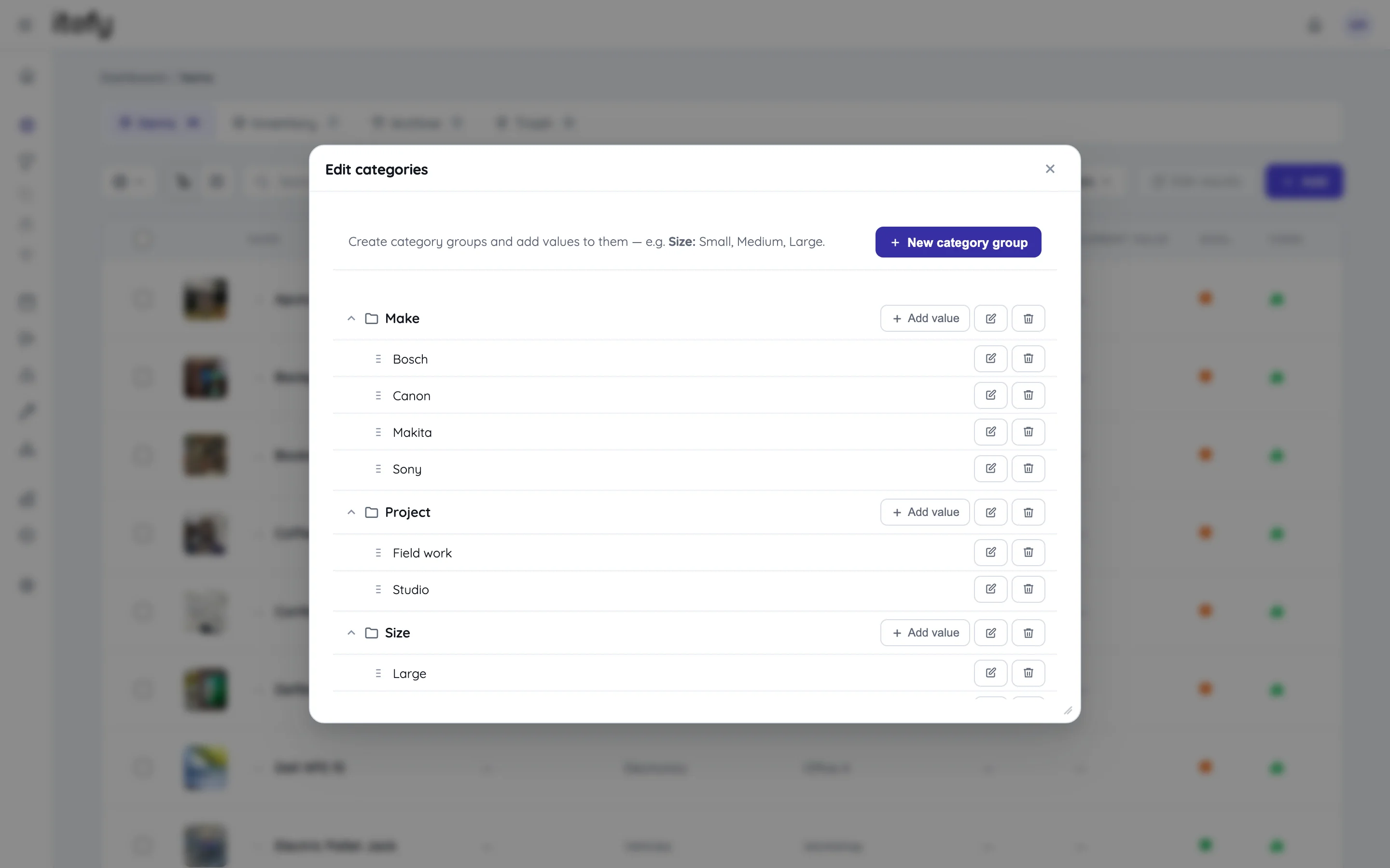 Edit categories dialog with category groups Make, Project and Size, each holding selectable values