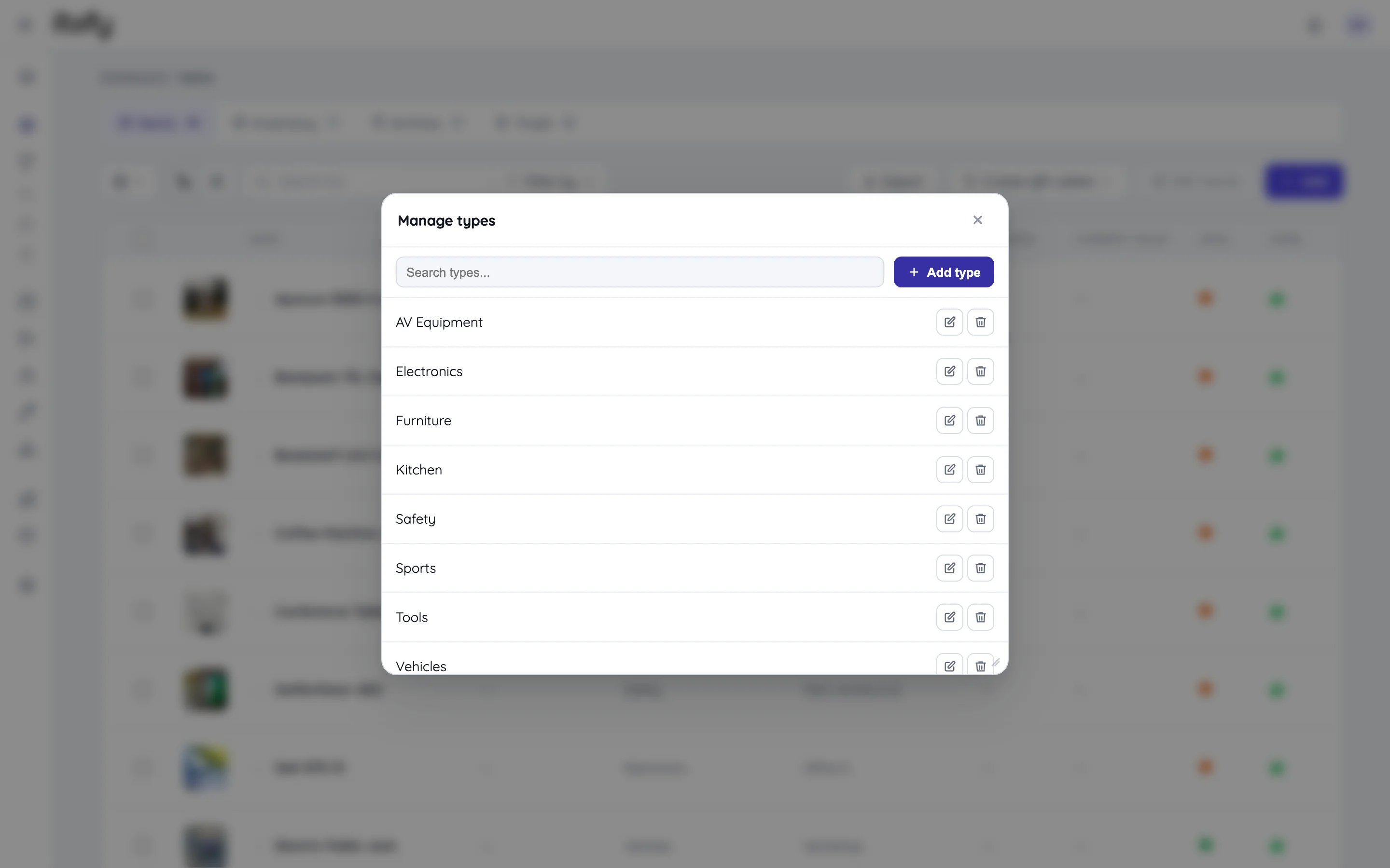 Manage types dialog listing item types with edit and delete buttons and an Add type button