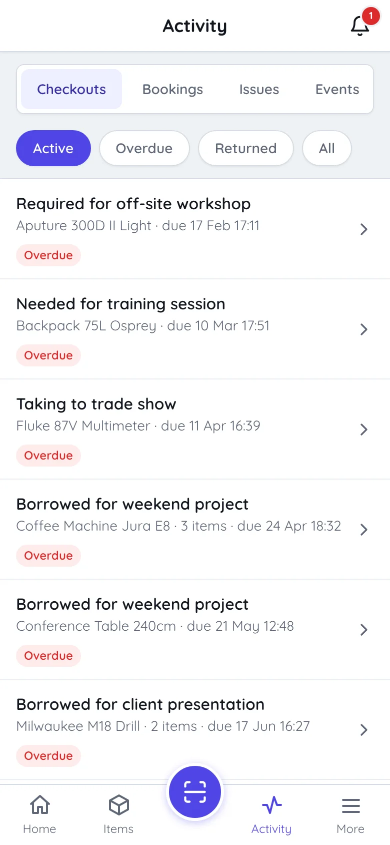 Itefy Go activity screen with tabs for checkouts, bookings, issues and events, and status filter pills