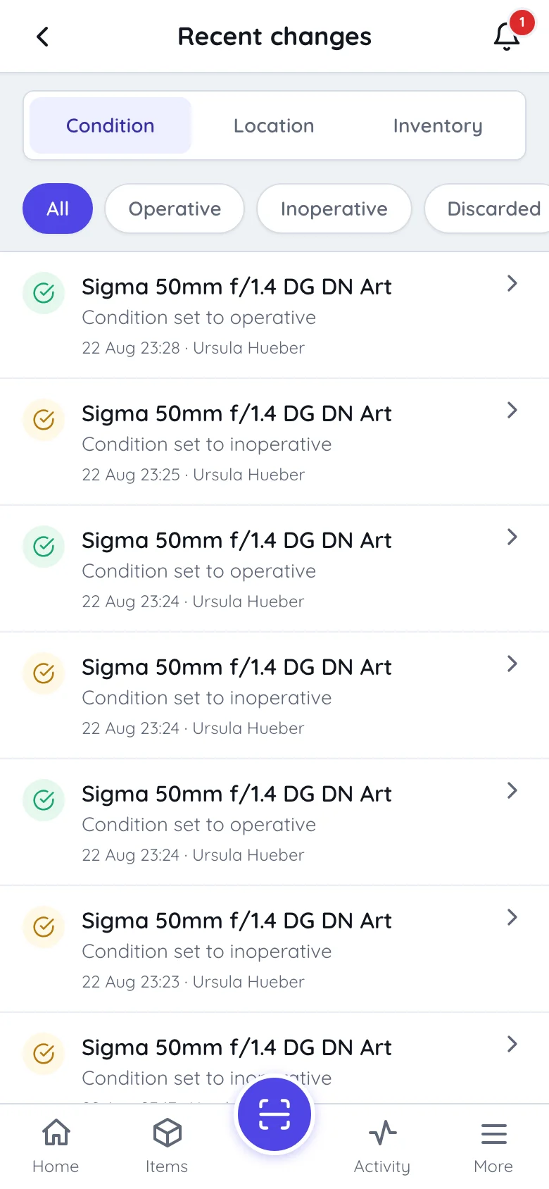 The Recent changes screen in Itefy Go