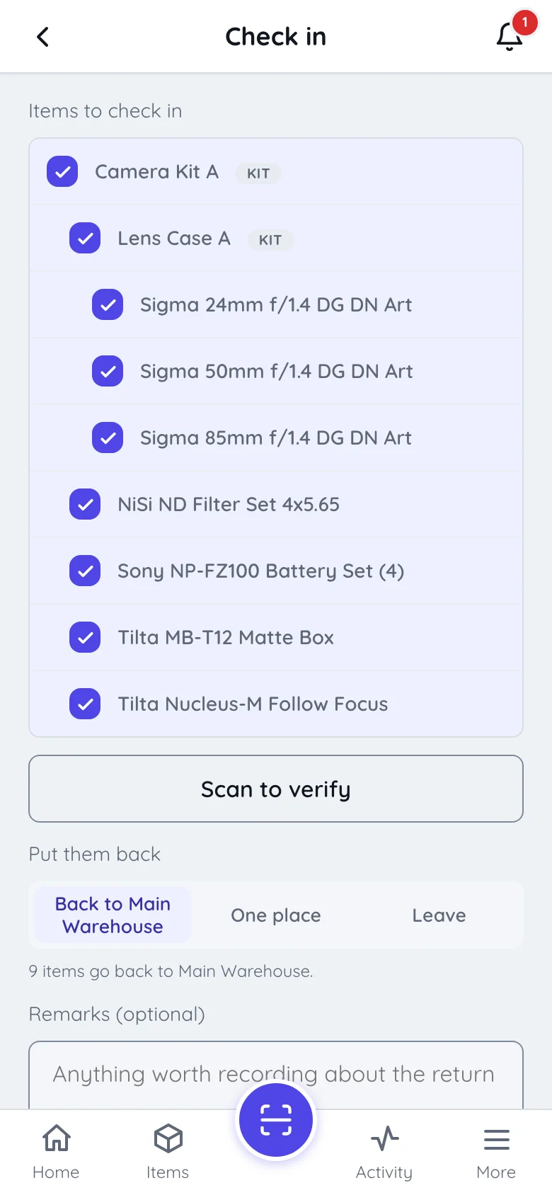 The check-in screen in Itefy Go with a kit ticked item by item, a scan-to-verify button, and a control for where the items go back
