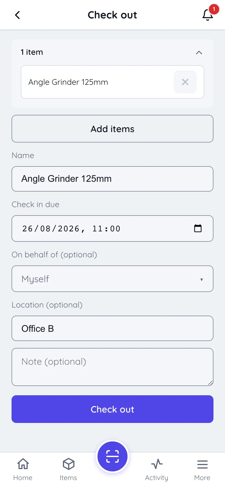 The check-out form in Itefy Go with the chosen item, a name, a due time, on behalf of, location and note