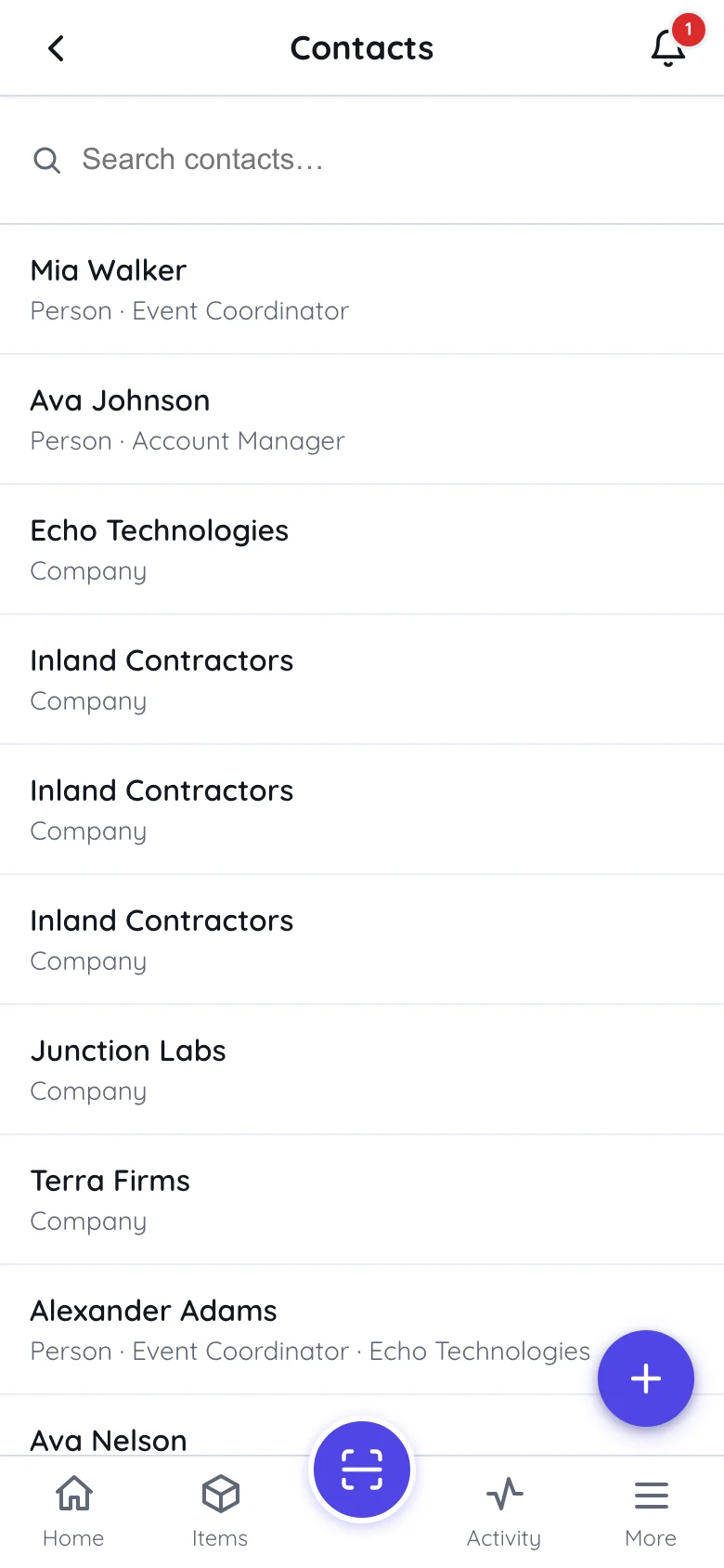 The contacts list in Itefy Go