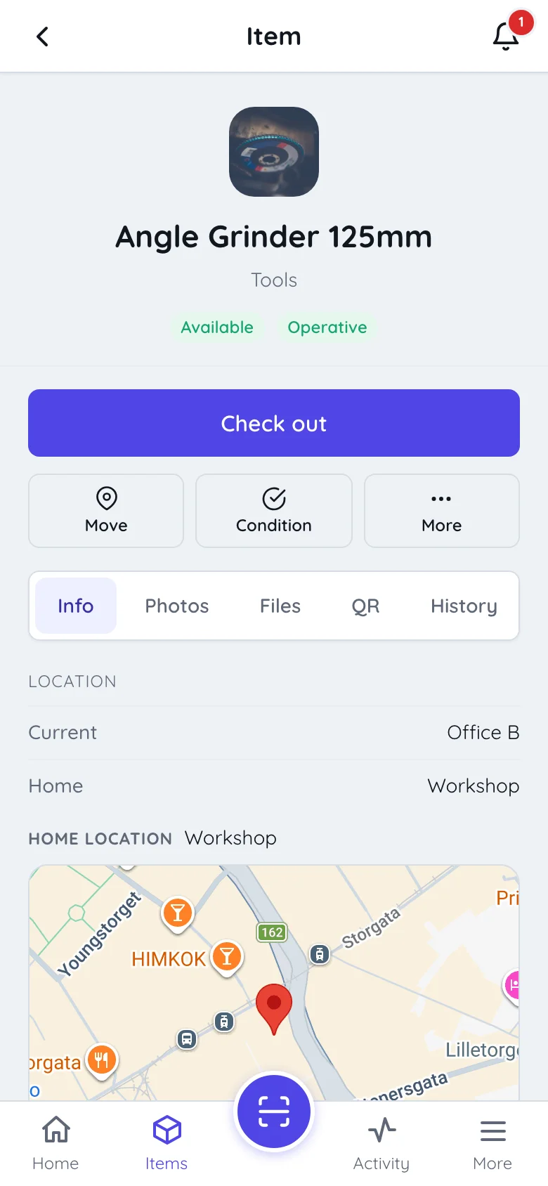 An item screen in Itefy Go showing the picture, name, type, availability and condition chips, a Check out button and the Info tab
