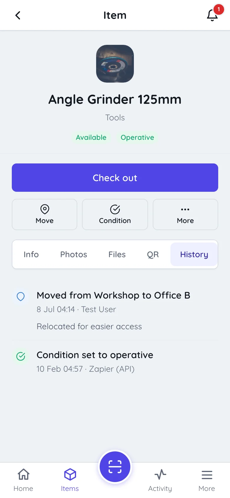 The History tab on an item in Itefy Go, listing condition, location and stock changes newest first