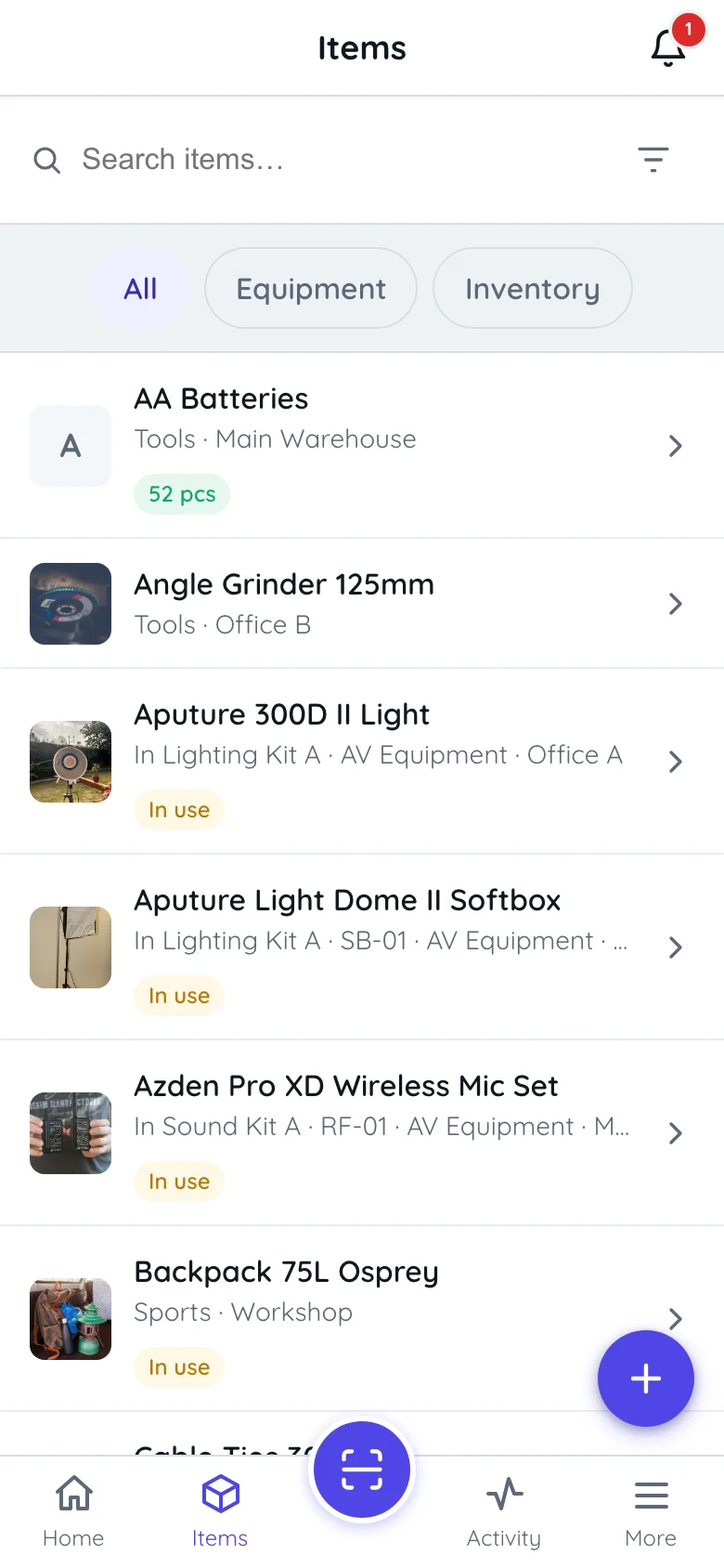 The items list in Itefy Go with pictures, type and location under each name, and stock or status labels