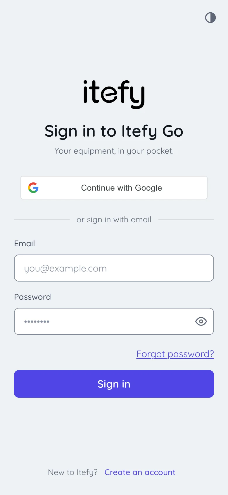 Itefy Go sign-in screen with a Continue with Google button, and email and password fields