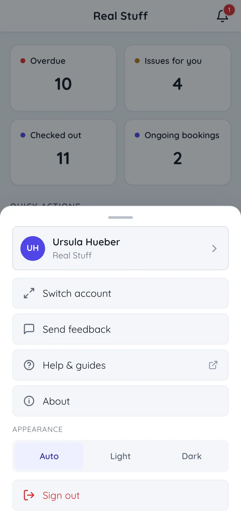 The More sheet in Itefy Go with the user's name, switch account, send feedback, help, about, an appearance control and sign out