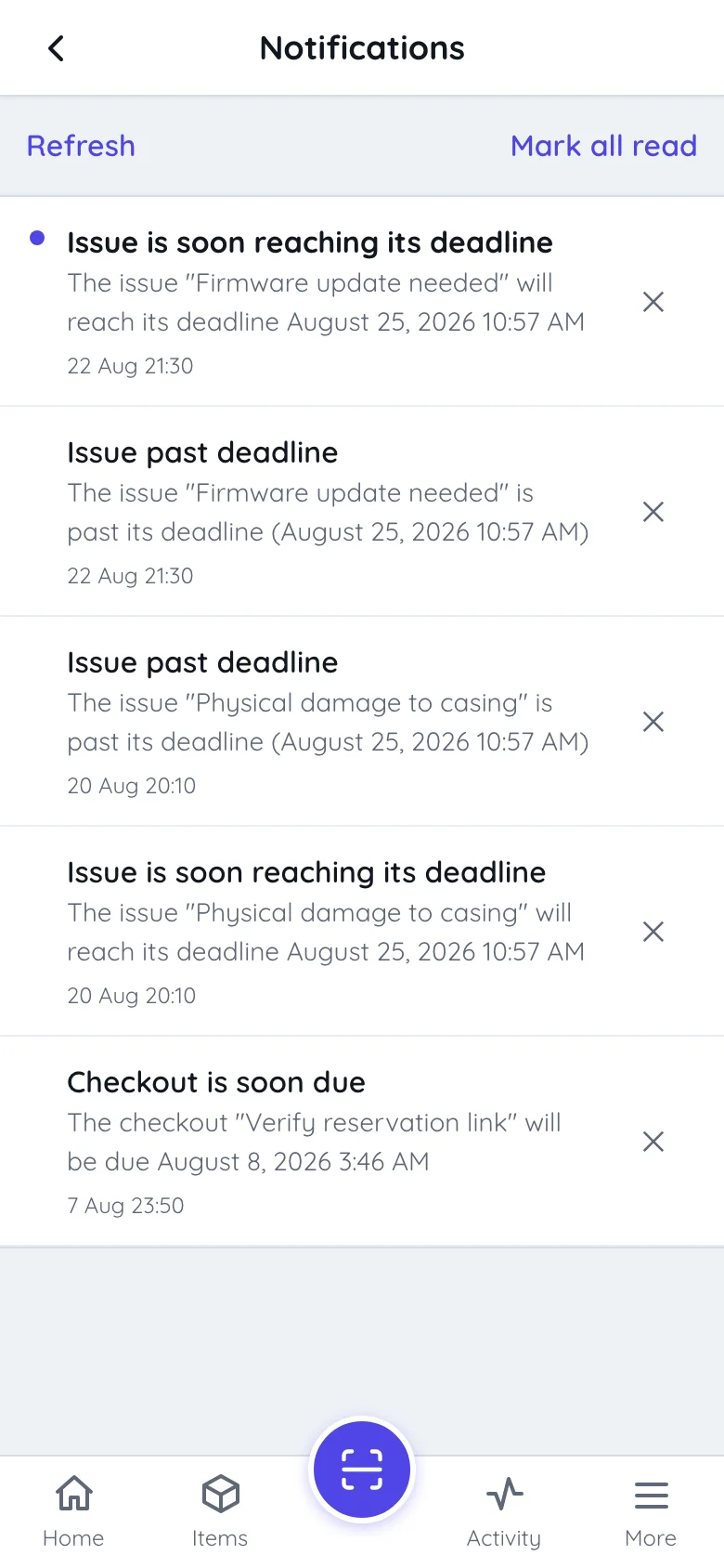 The notifications screen in Itefy Go