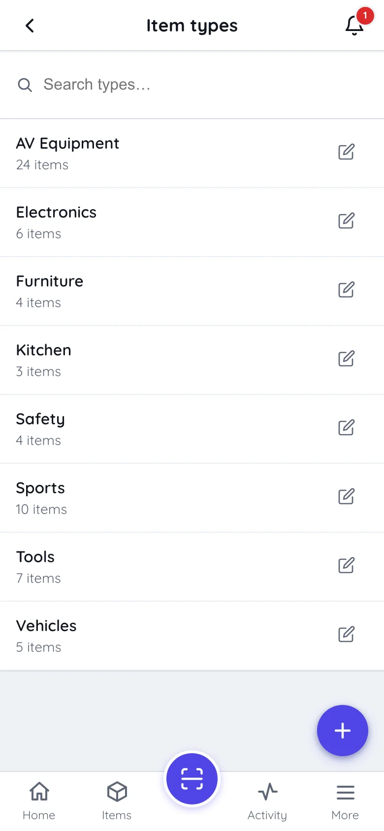 The item types list in Itefy Go