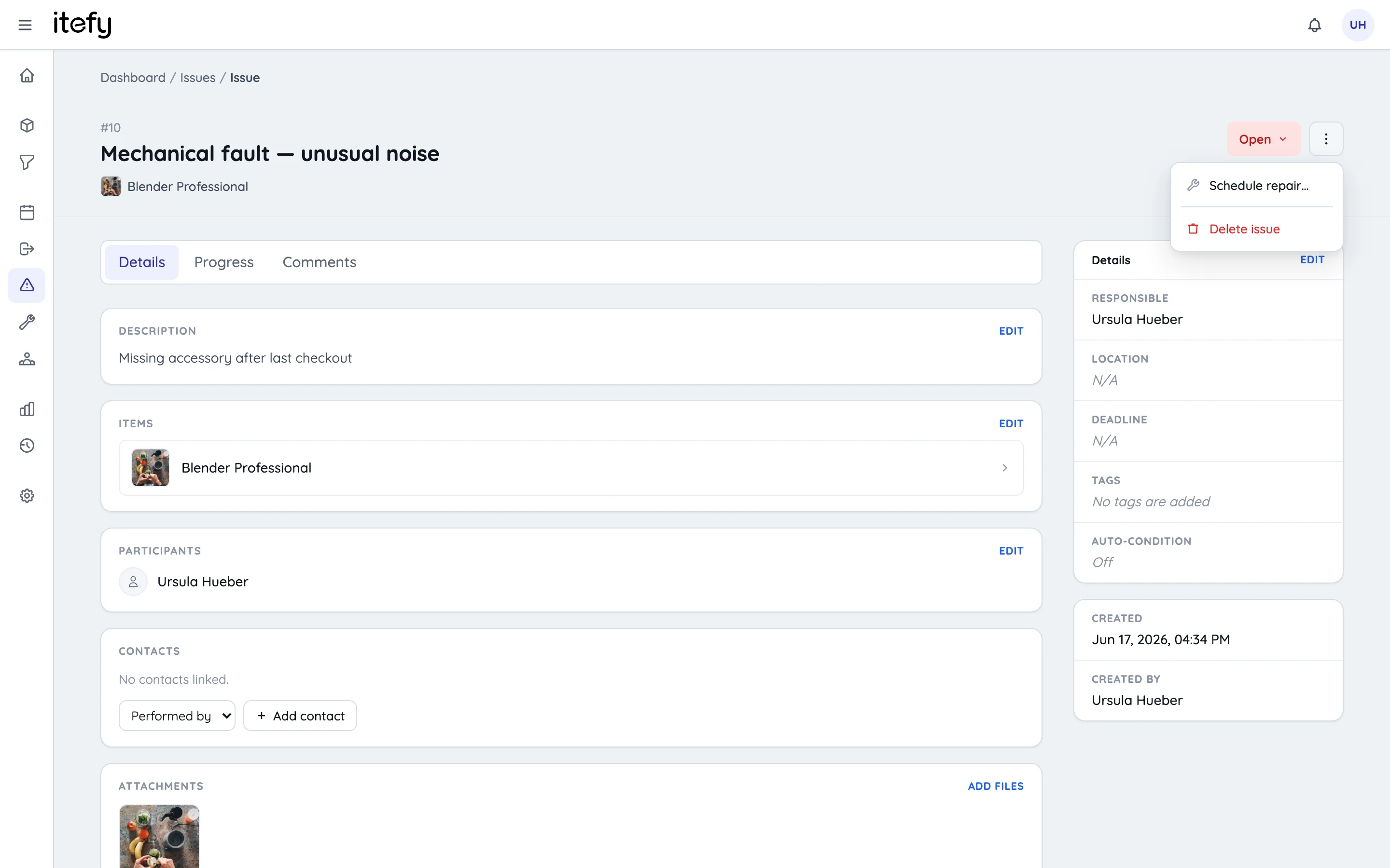 Issue page action menu opened, showing the Schedule repair option