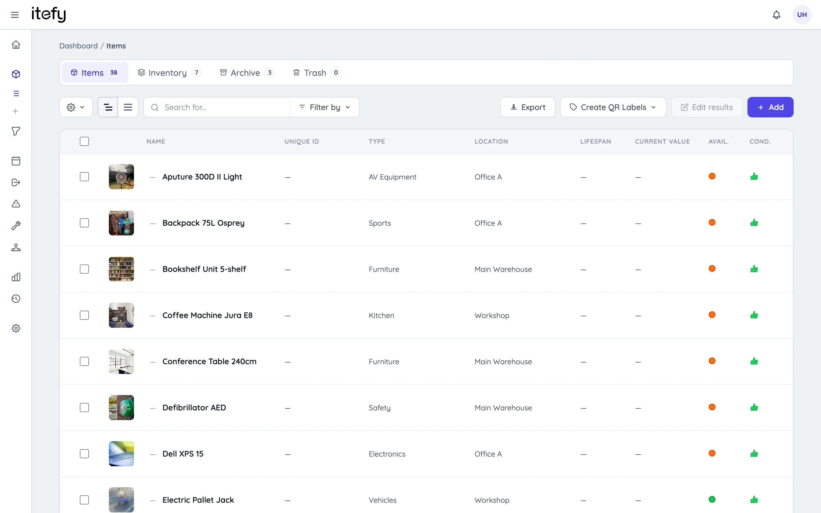Items list showing item thumbnails, names, types, locations and availability status