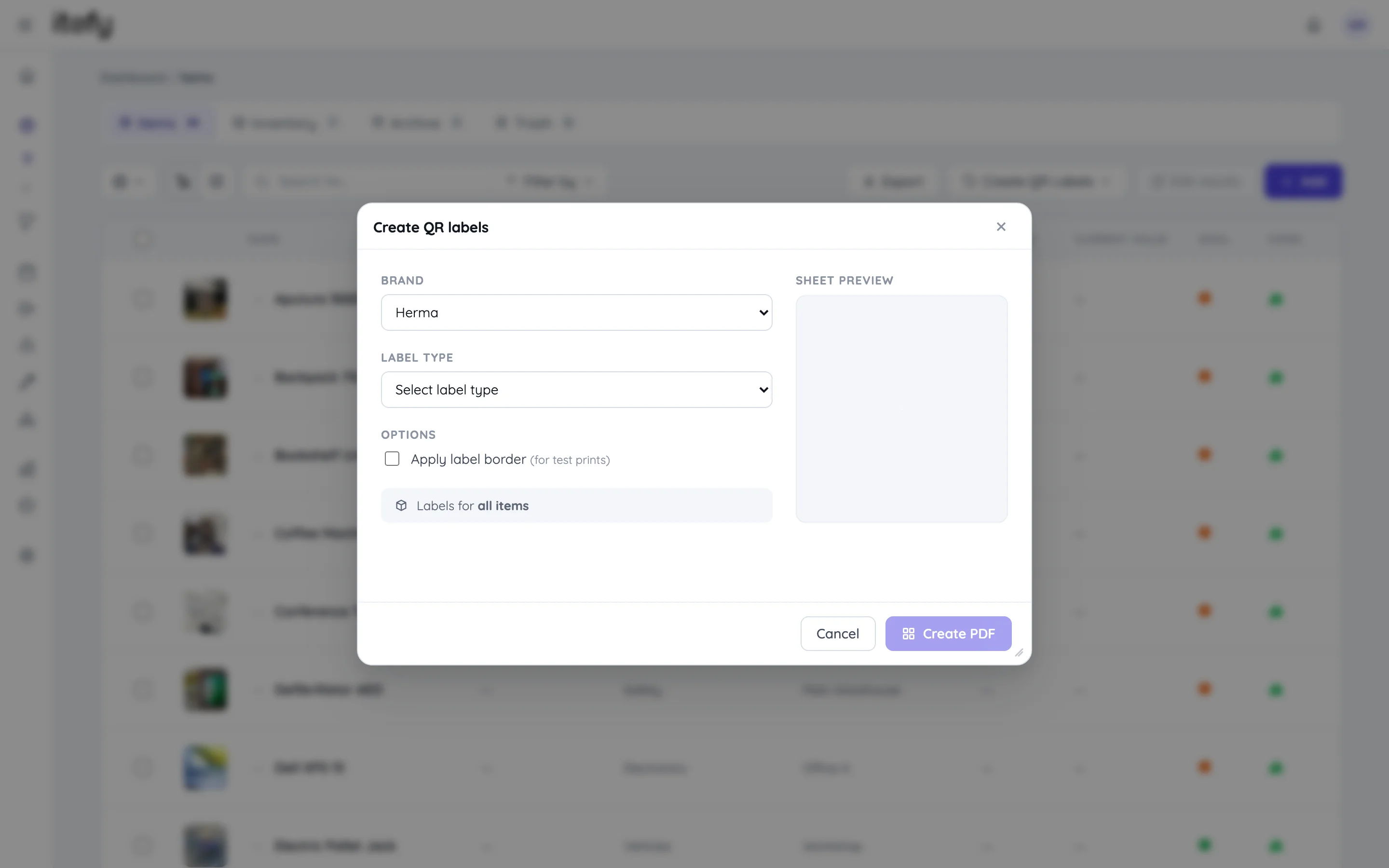 Create QR labels dialog with label sheet and layout options
