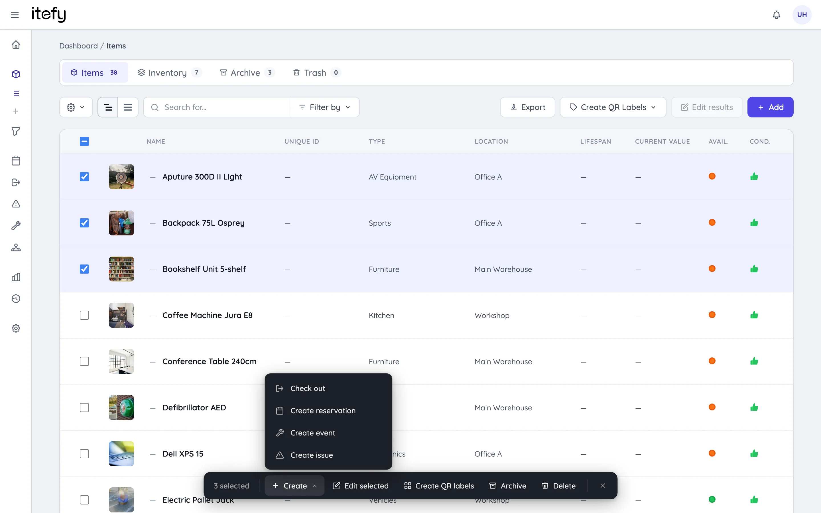 Create menu opened from the floating selection bar, with options to check out the selection or create a reservation, event or issue