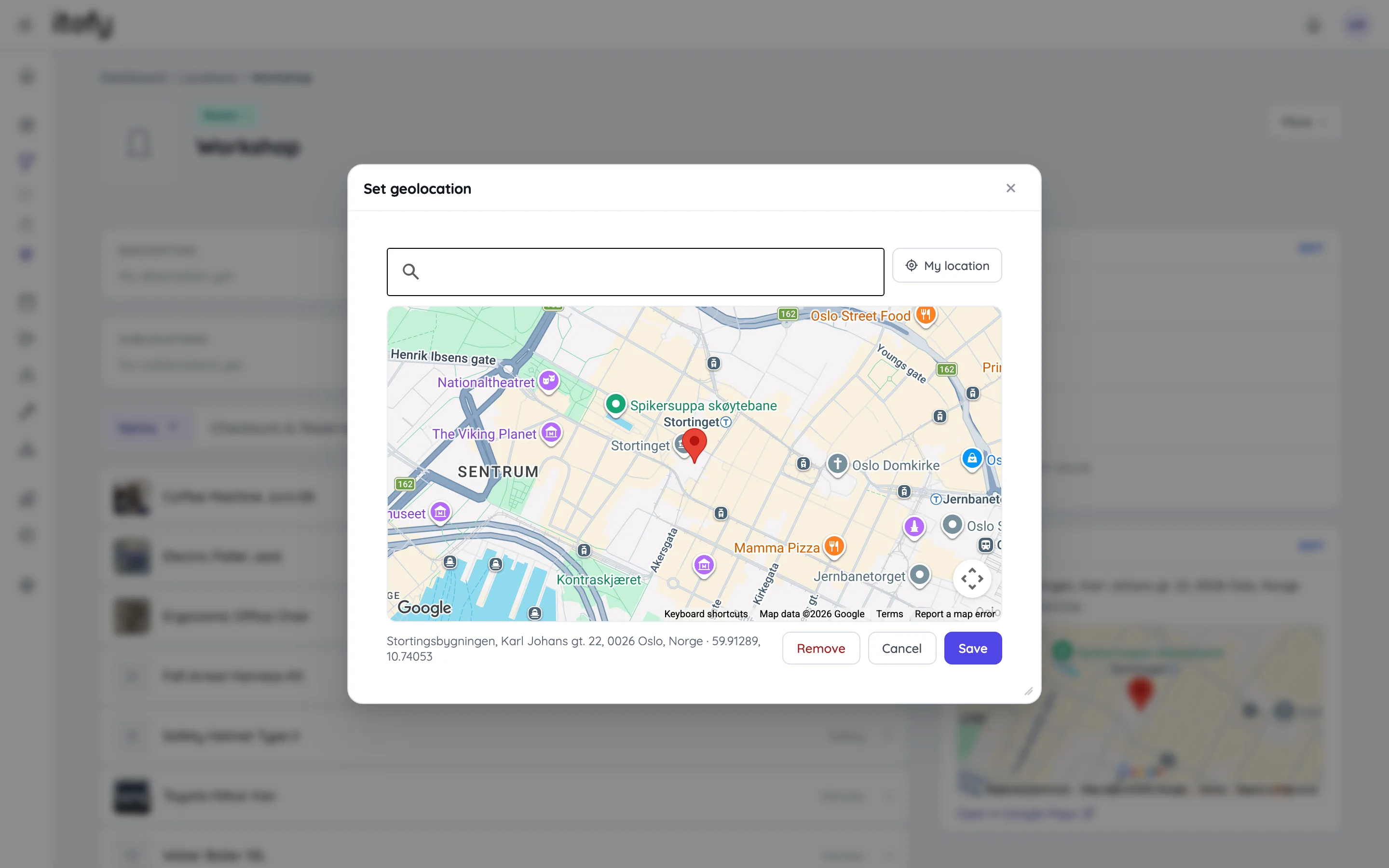 The geolocation picker with address search and a map with a draggable pin