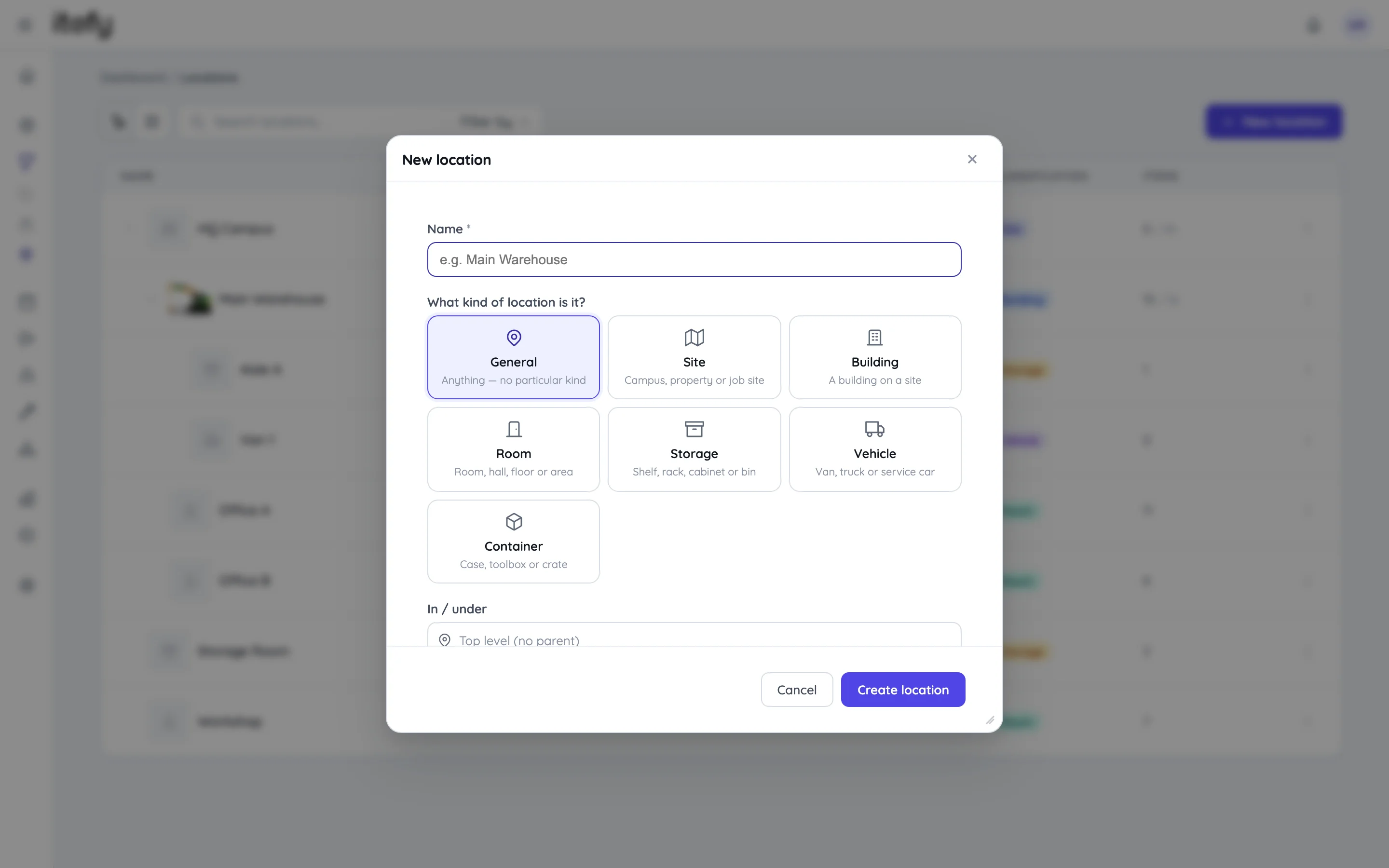 The New location dialog with name field and classification cards for site, building, room, storage, vehicle and container