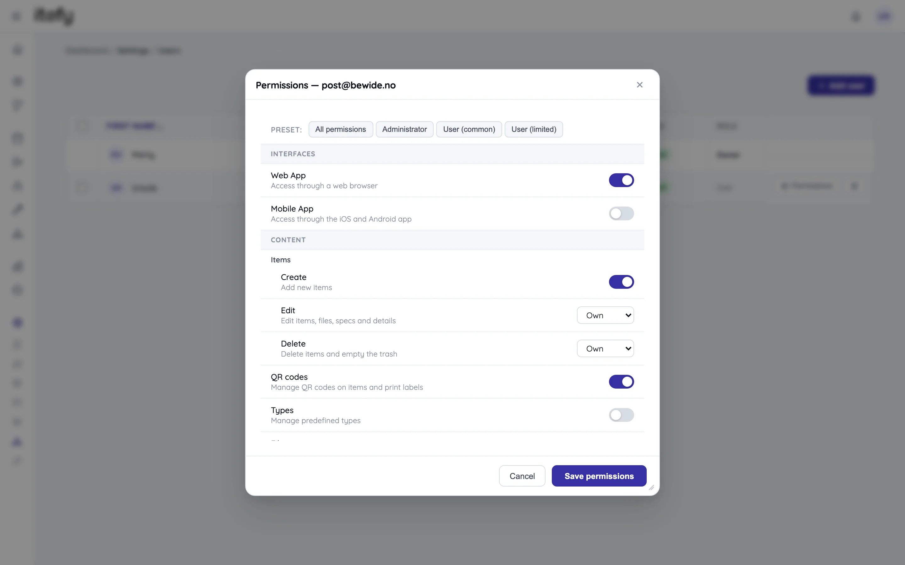 Edit permissions dialog listing content and action permissions, some with All, Own or None scope dropdowns