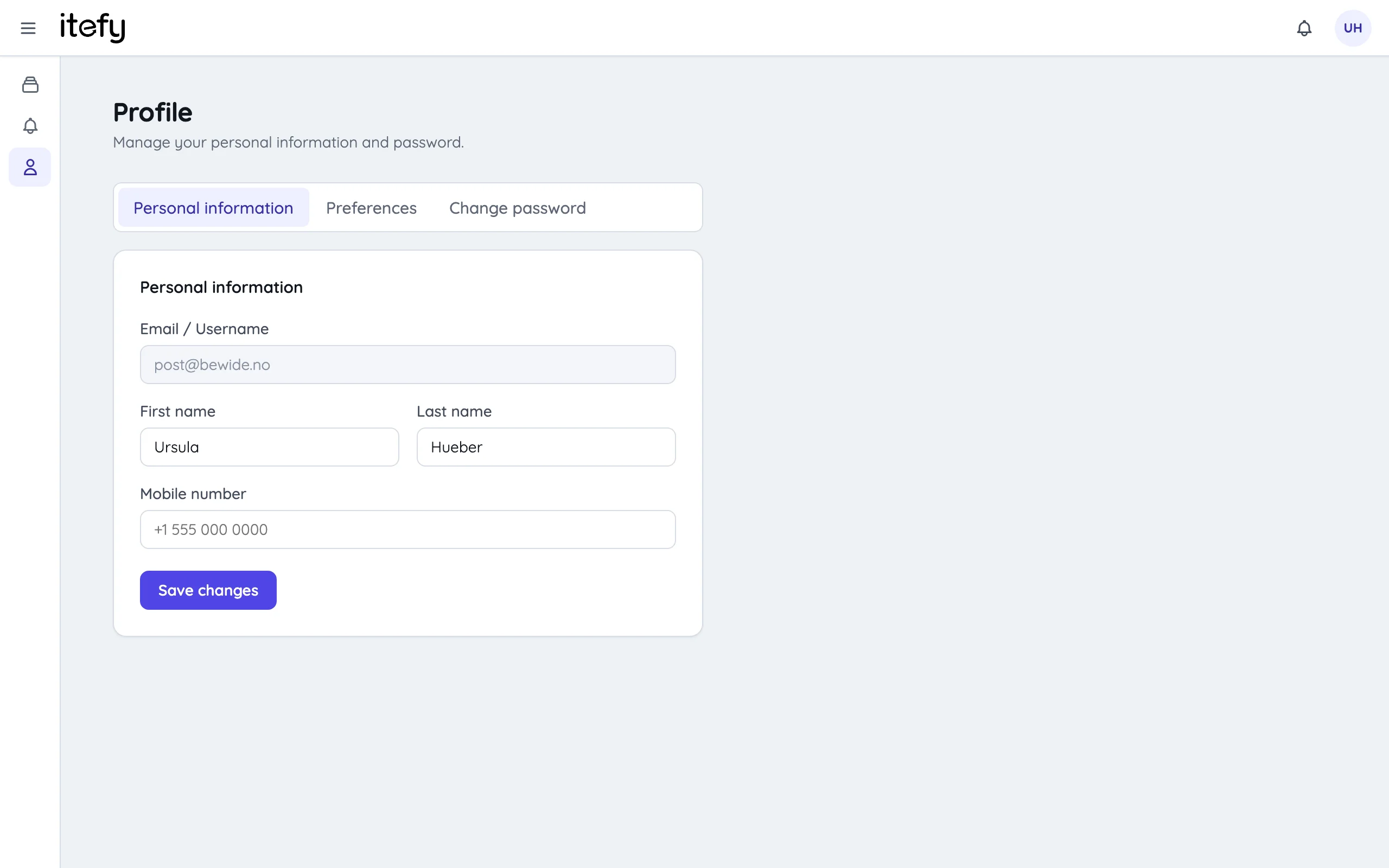 Profile page with the personal information form