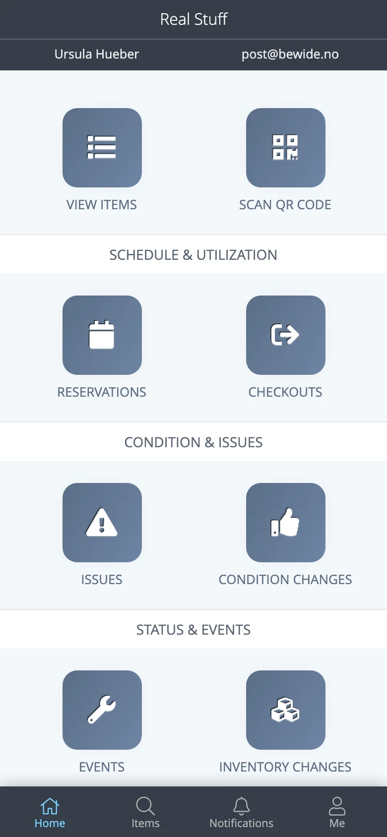 Itefy Go dashboard on a phone with quick-action tiles for items, scanning, reservations, checkouts and issues
