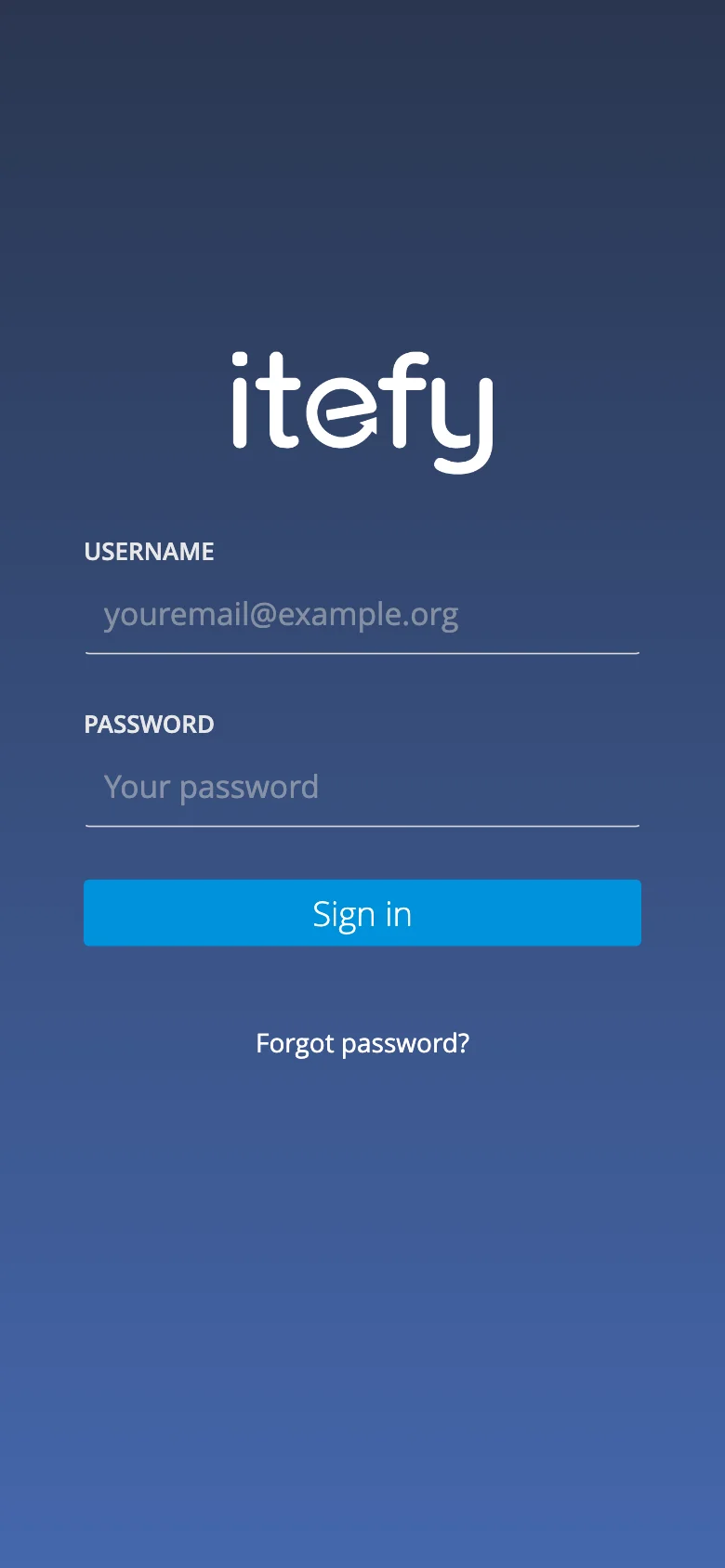 Itefy Go sign-in screen with username and password fields