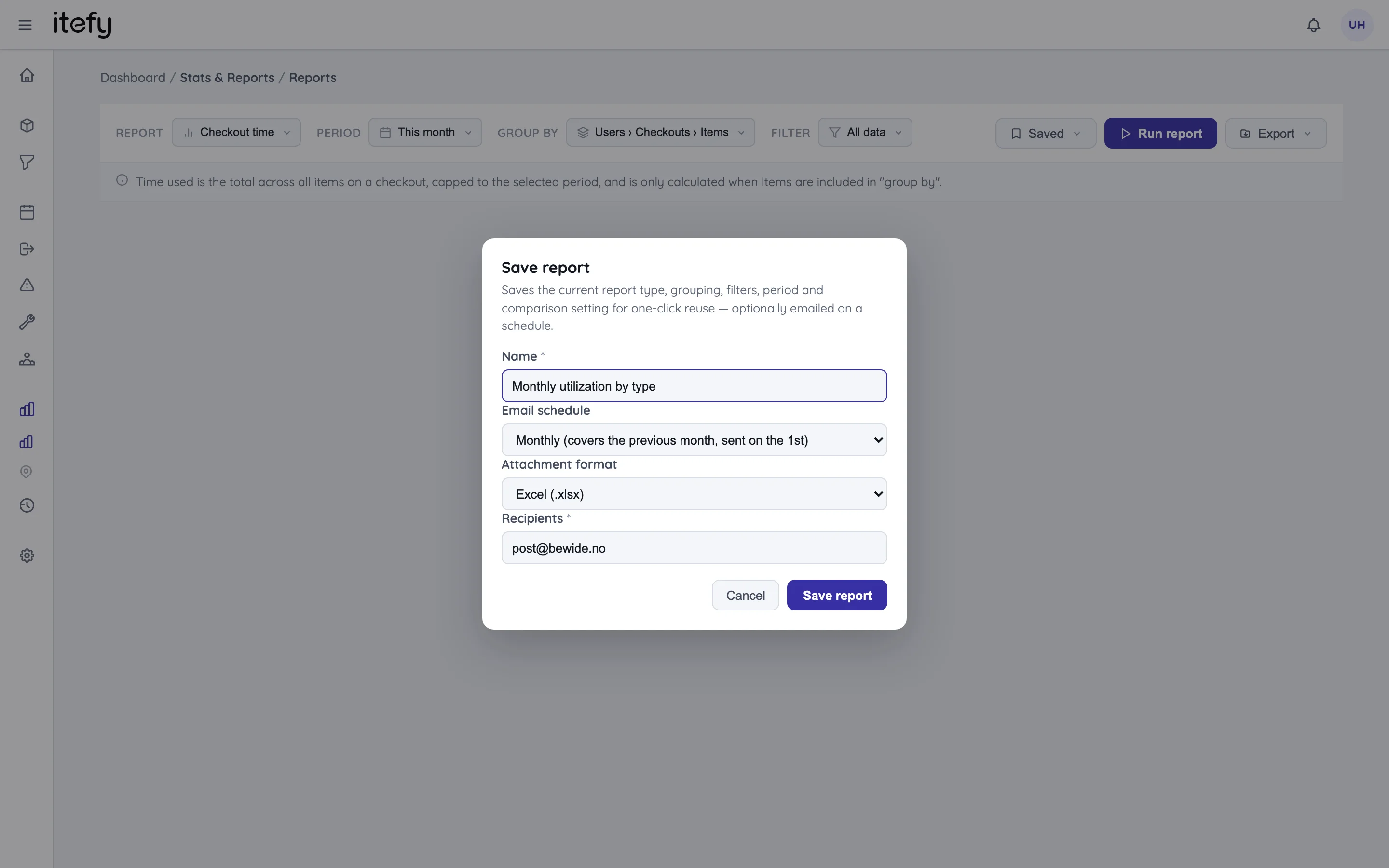 The Save report dialog with a monthly email schedule, attachment format and recipients