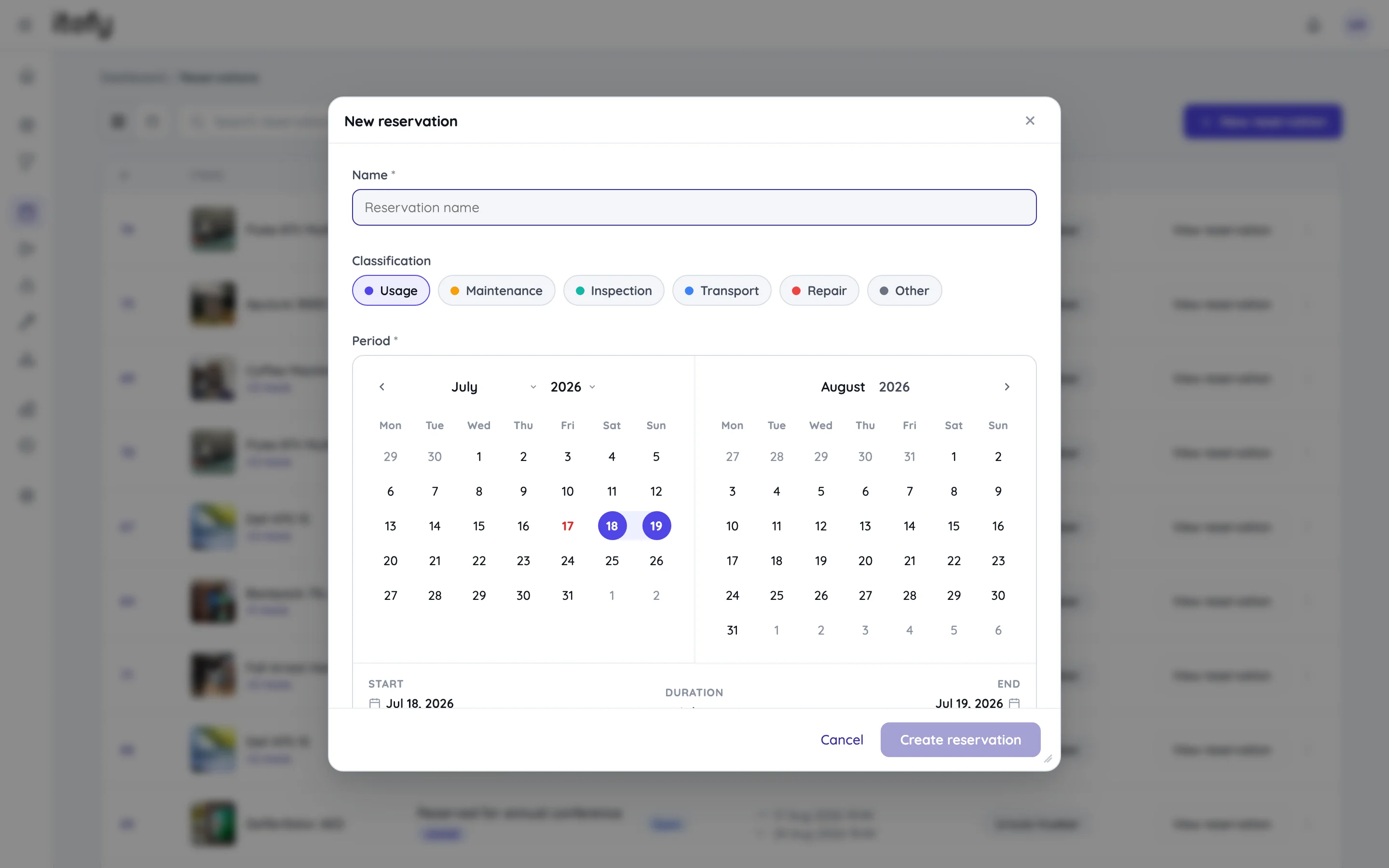 New reservation window with the classification selector and period calendar