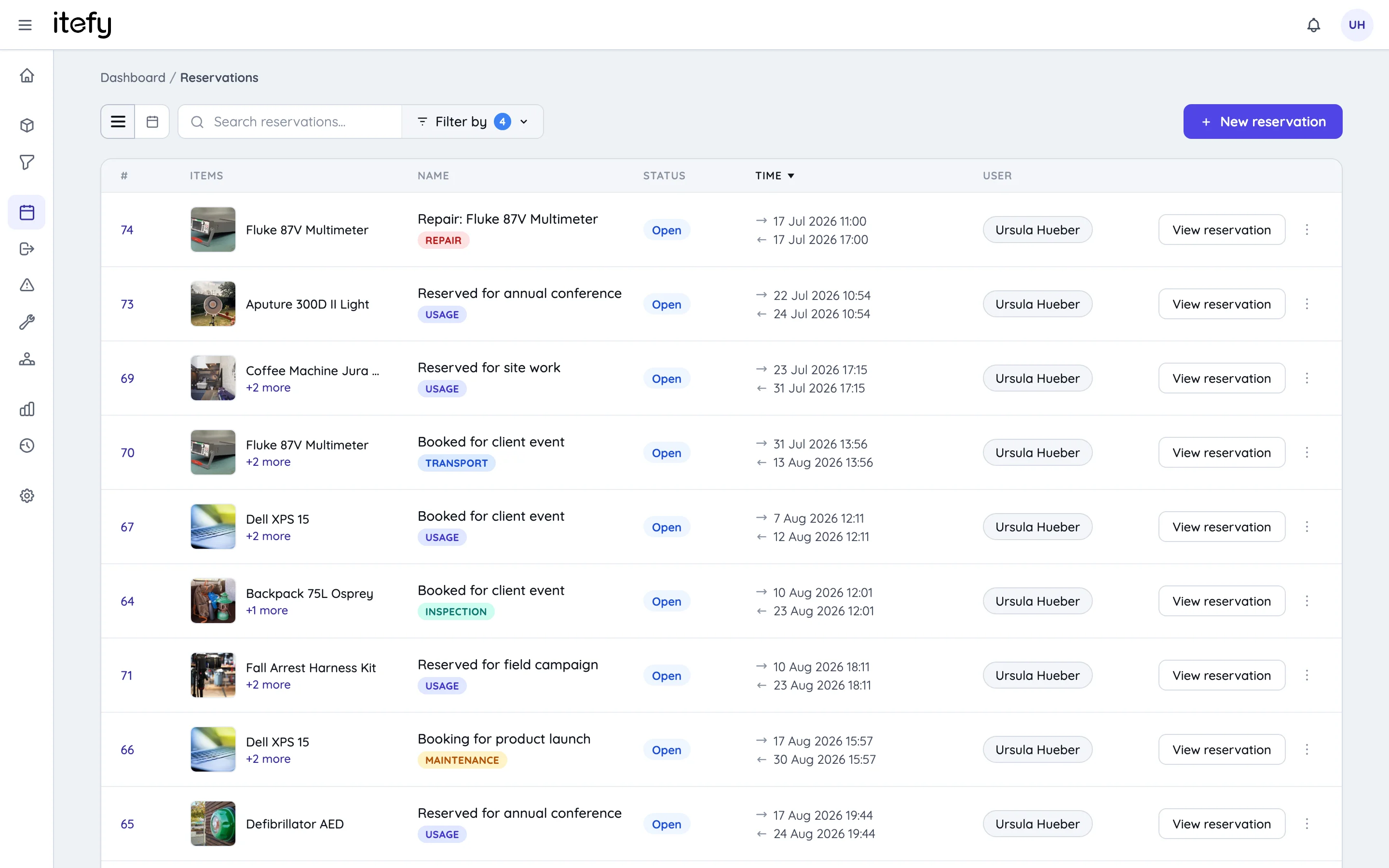 Reservations list with status badges, reserved items and date ranges