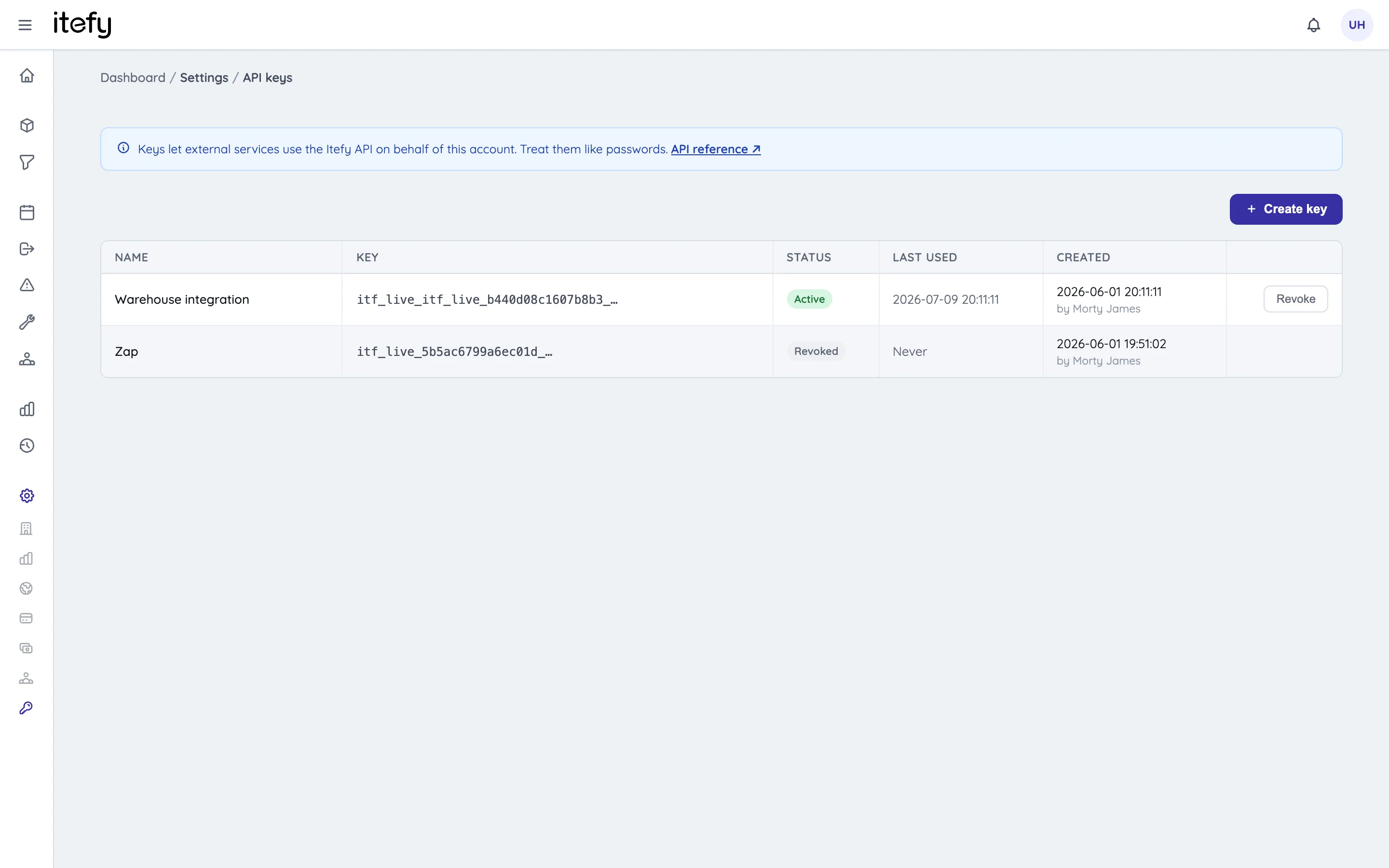 API keys page under Settings, listing keys with their prefixes and a Create key button