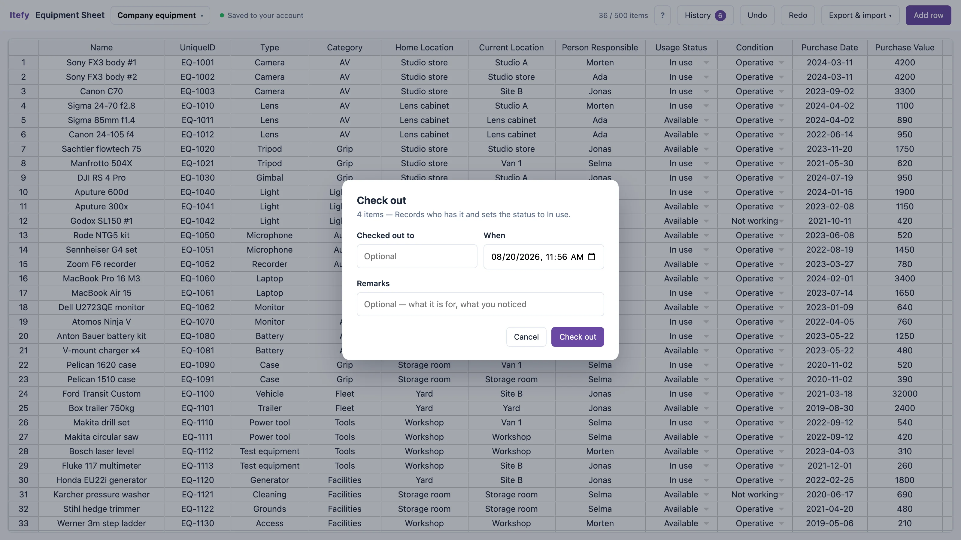 The Check out dialog over the grid, with fields for who has it, when, and a remark