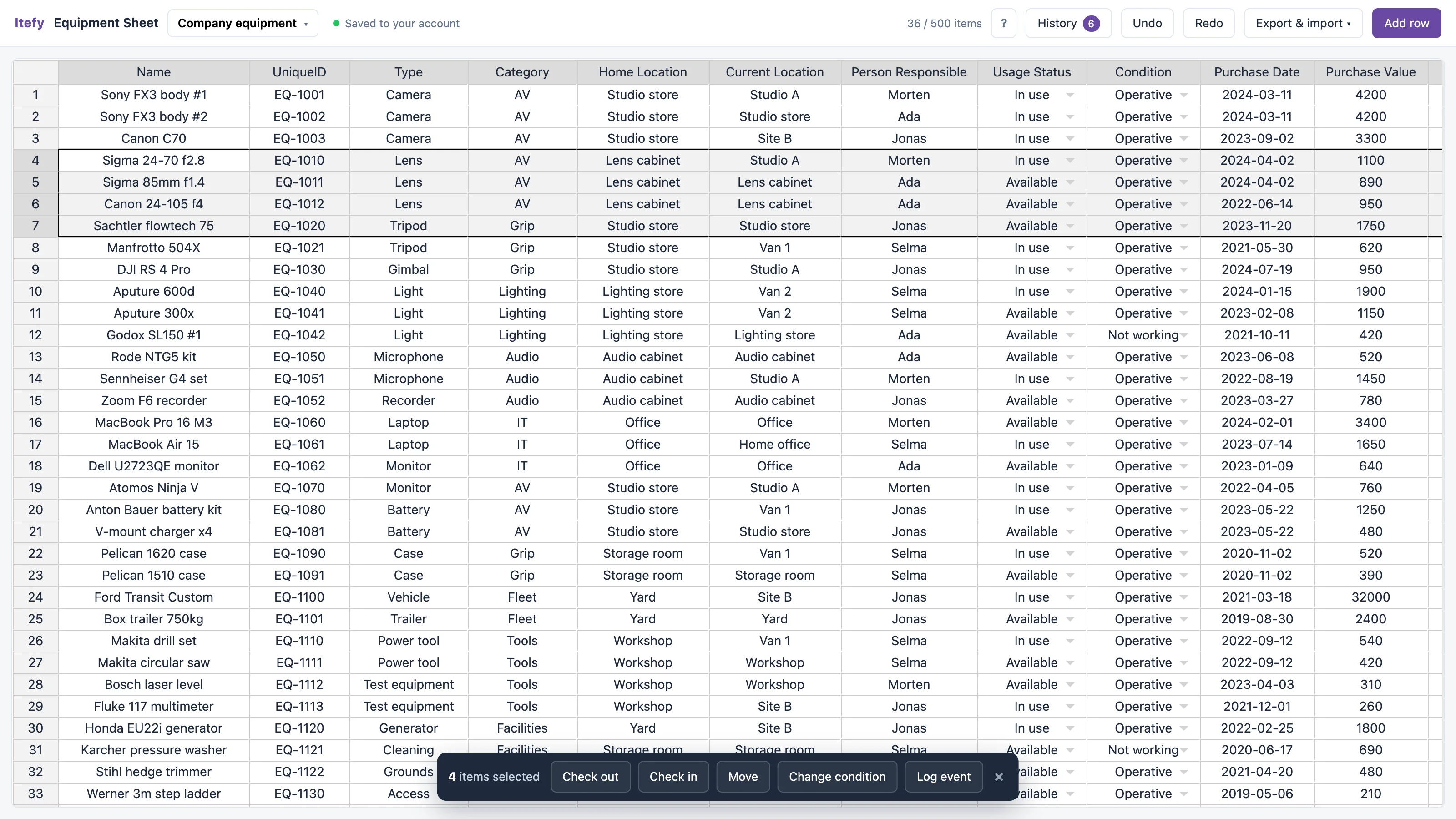 Four rows selected in the grid with the action bar along the bottom offering Check out, Check in, Move, Change condition and Log event