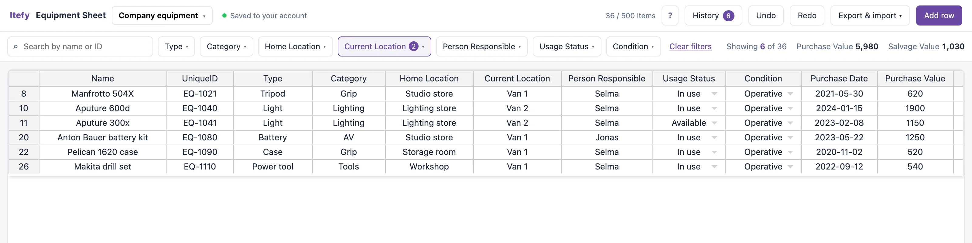 The filter bar above the grid with a location filter applied, the sheet showing only items in the two vans, and the totals updated to match