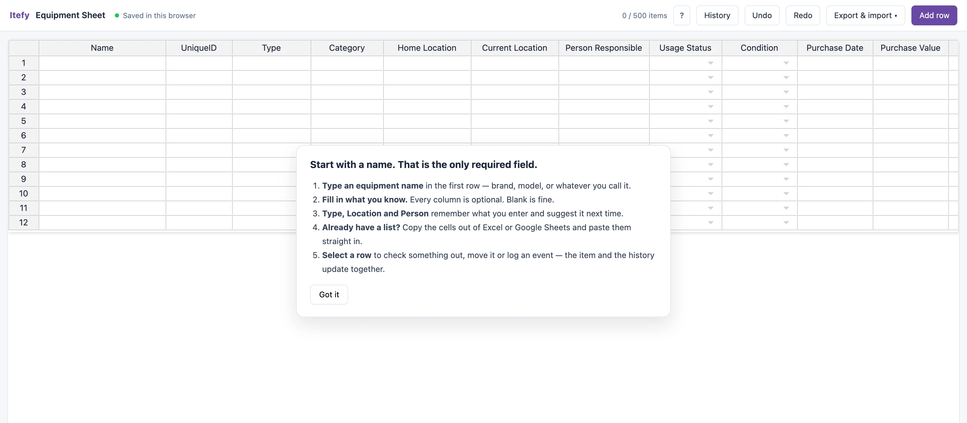 The Equipment Sheet opened on an empty grid, with the starter hints panel over it