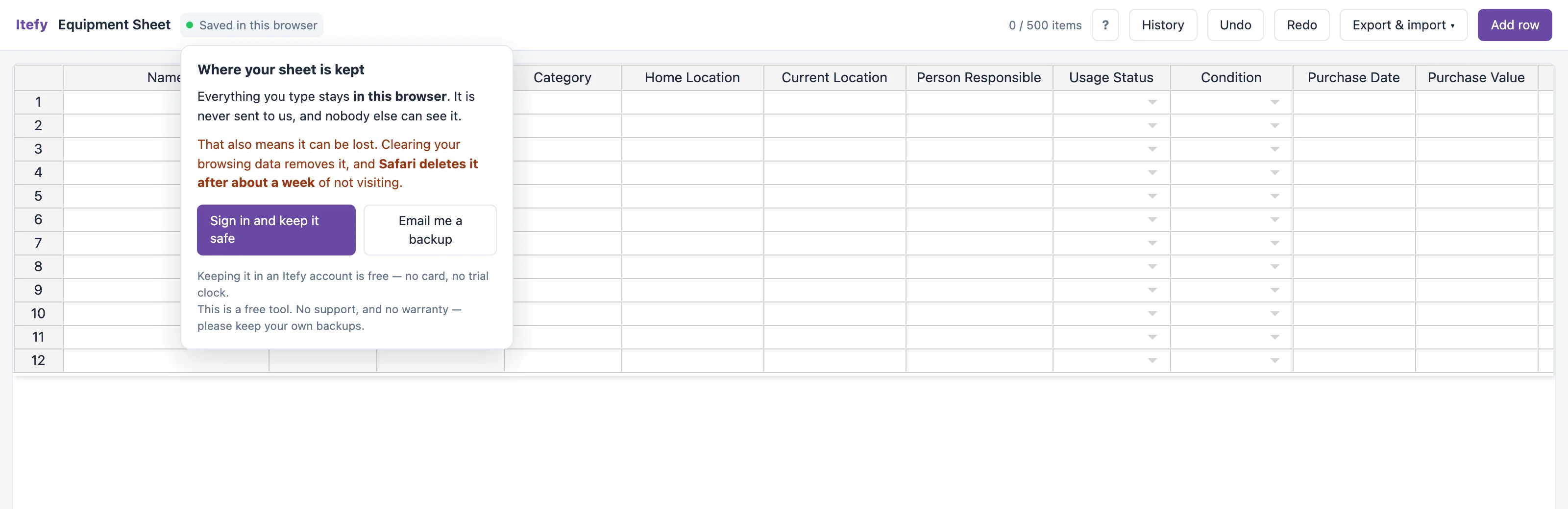 The save indicator open, explaining that the sheet is stored in this browser only, with buttons to sign in or email a backup