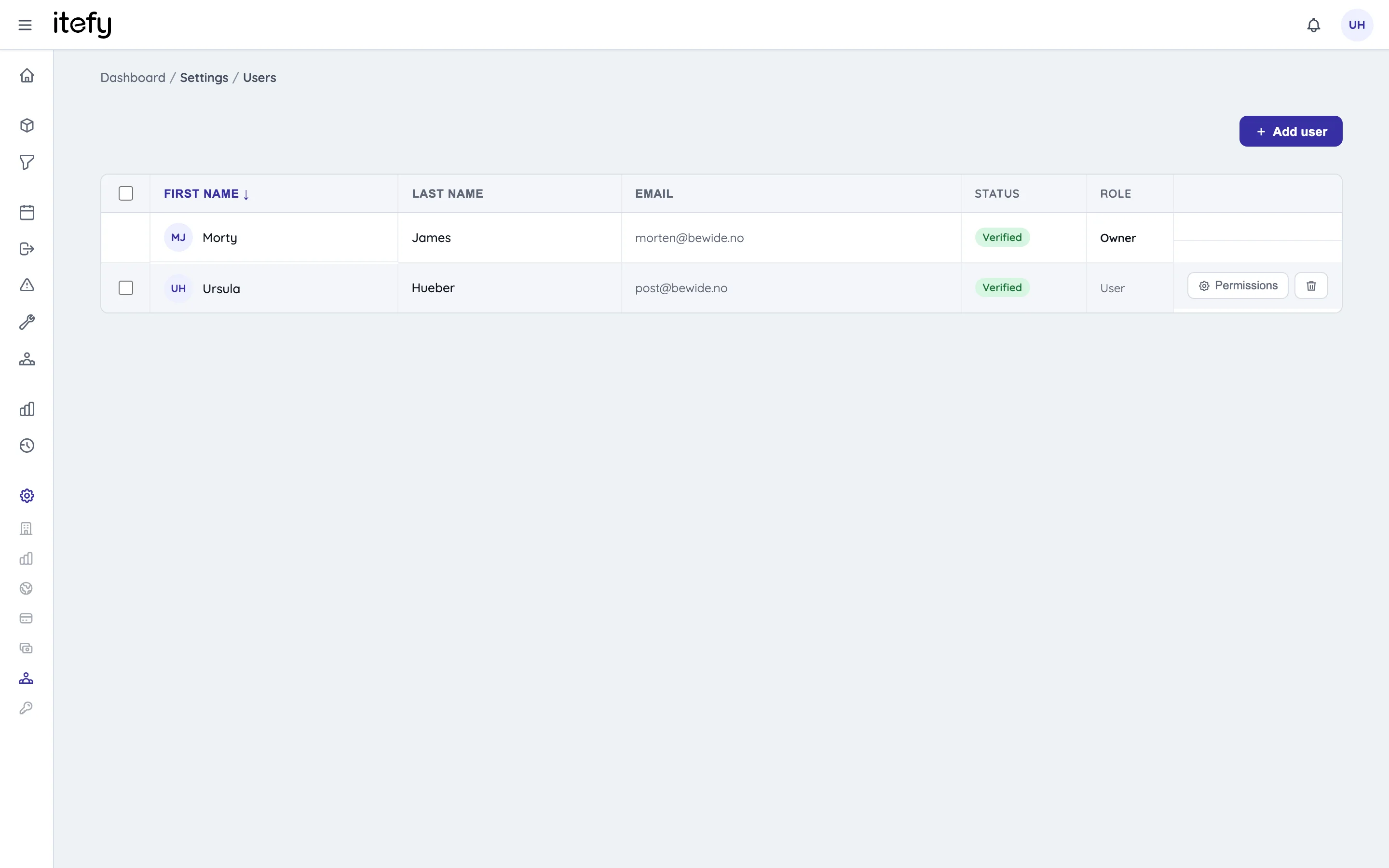 Users settings page listing account members with status and role, and an Add user button