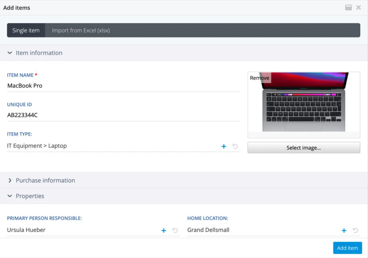 Add equipment and other assets into equipment management solution