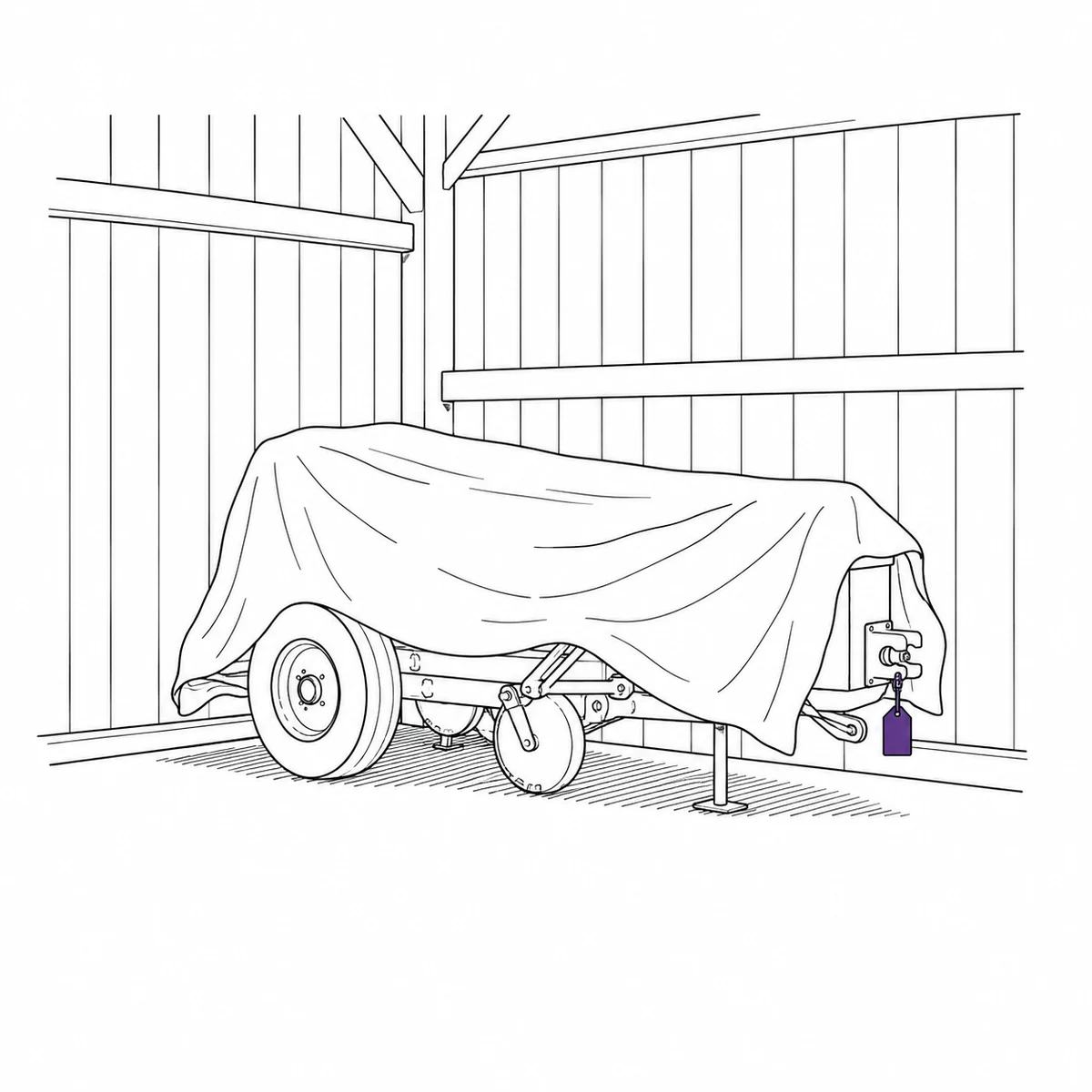 A farm implement standing under a dust sheet in the corner of a shed with a tag hanging from it, drawn in ink line art