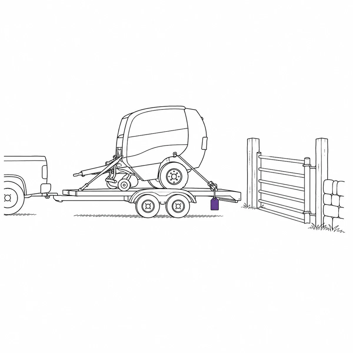 An implement loaded on a flatbed trailer being taken out through a farm gateway, drawn in ink line art