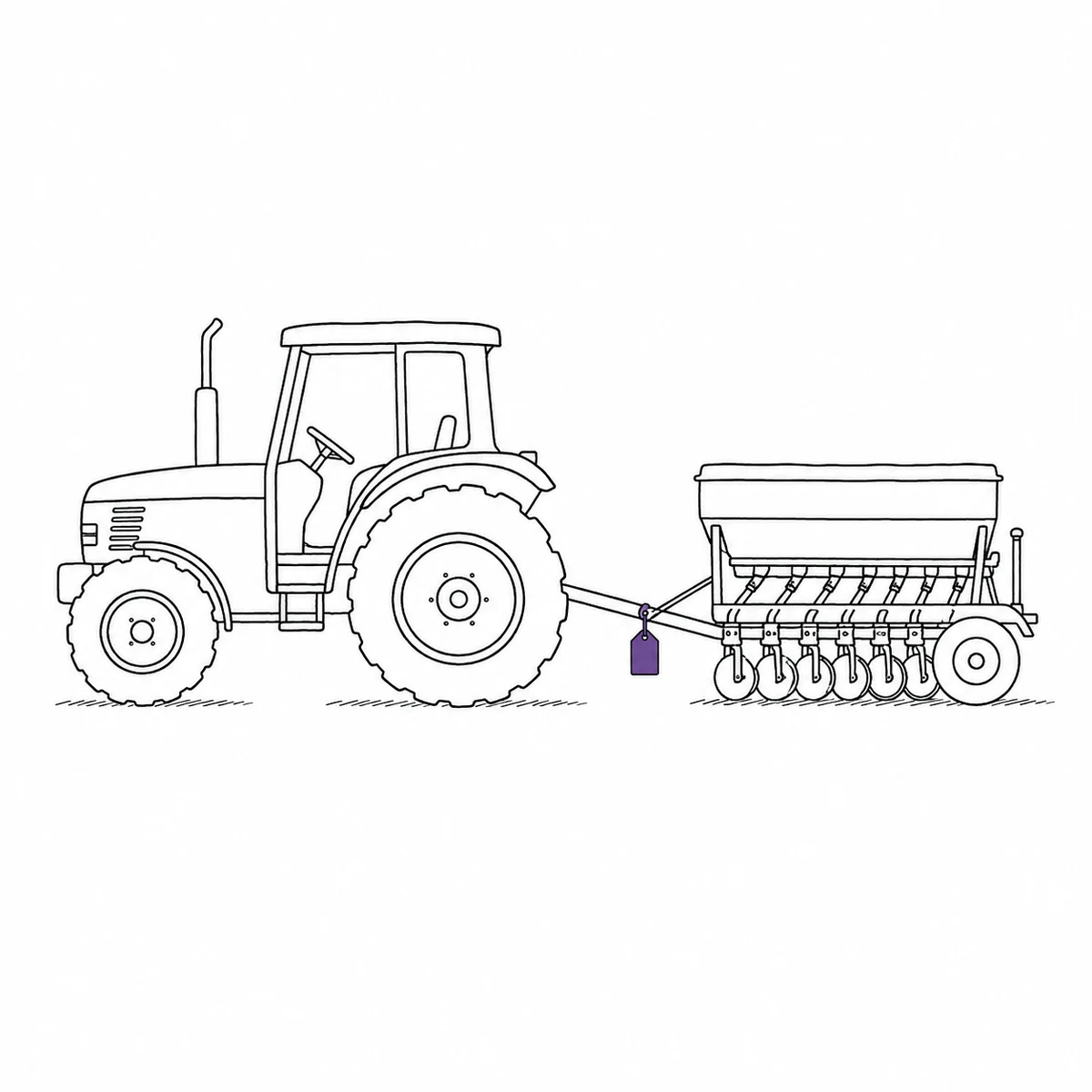 A tractor hitched to a seed drill standing ready, drawn in ink line art