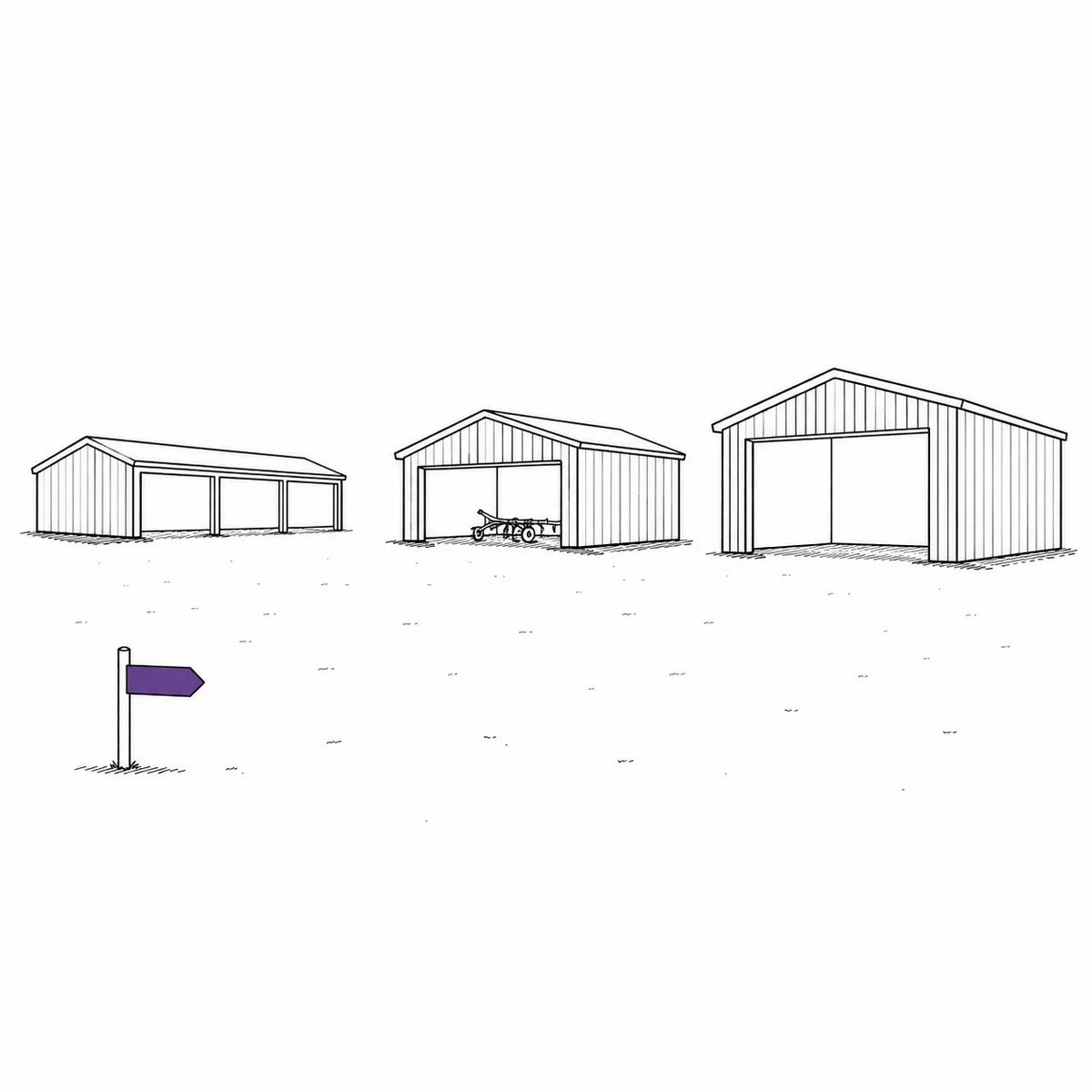 A farm yard with three separate open-fronted sheds seen across it, drawn in ink line art