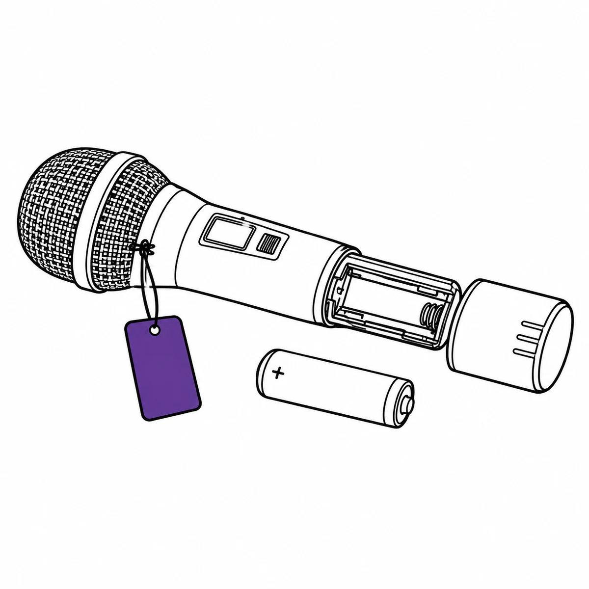 A handheld microphone with its battery compartment open and the battery out