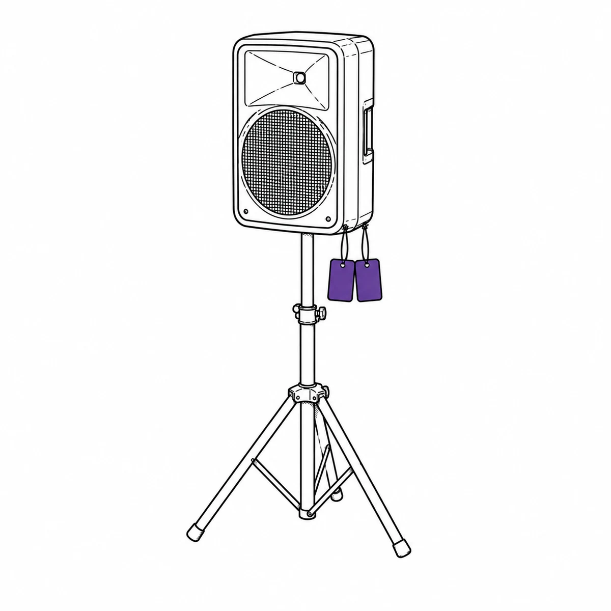 A PA loudspeaker on a tripod stand with two equipment tags hanging from it