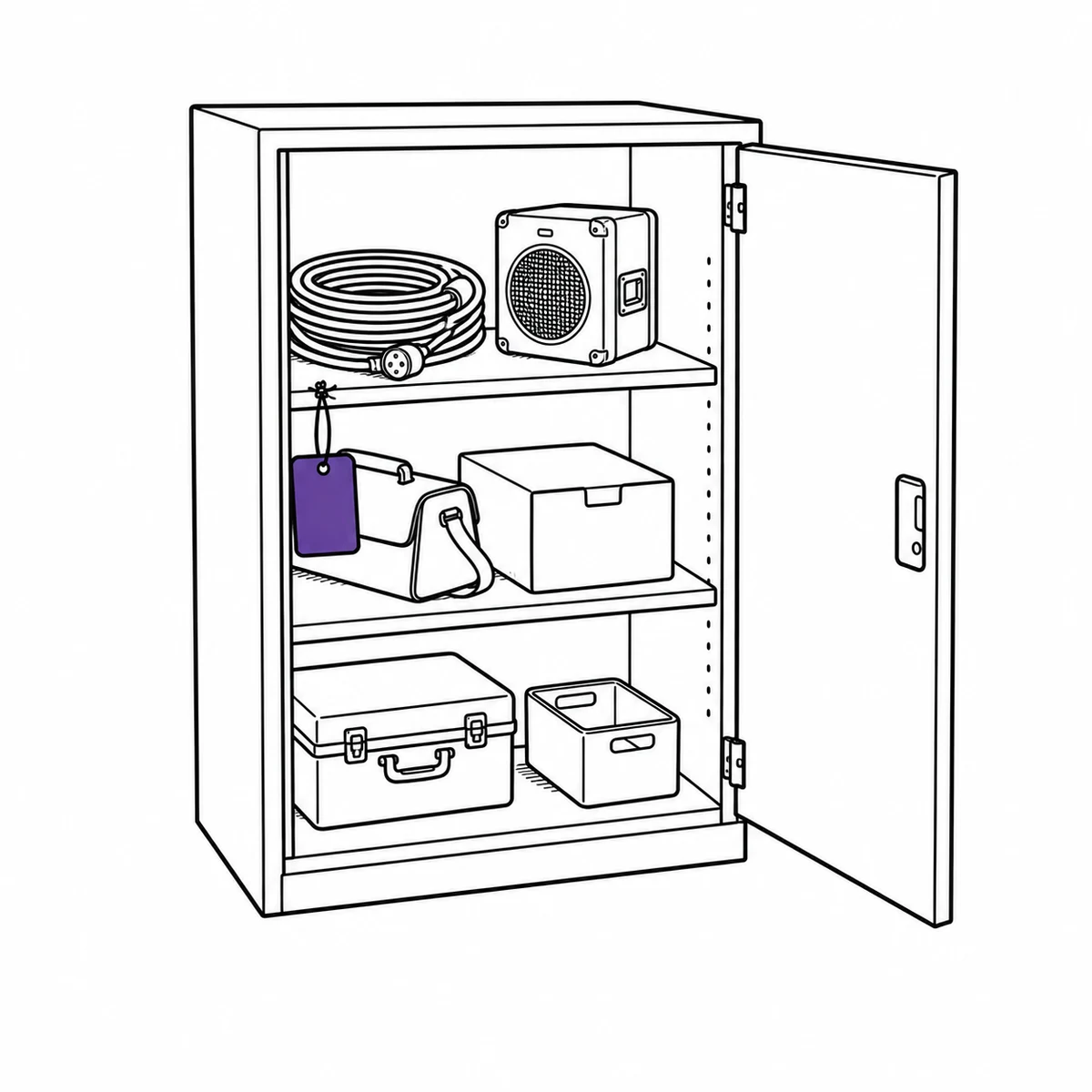 An open storage cupboard with three shelves of mismatched gear