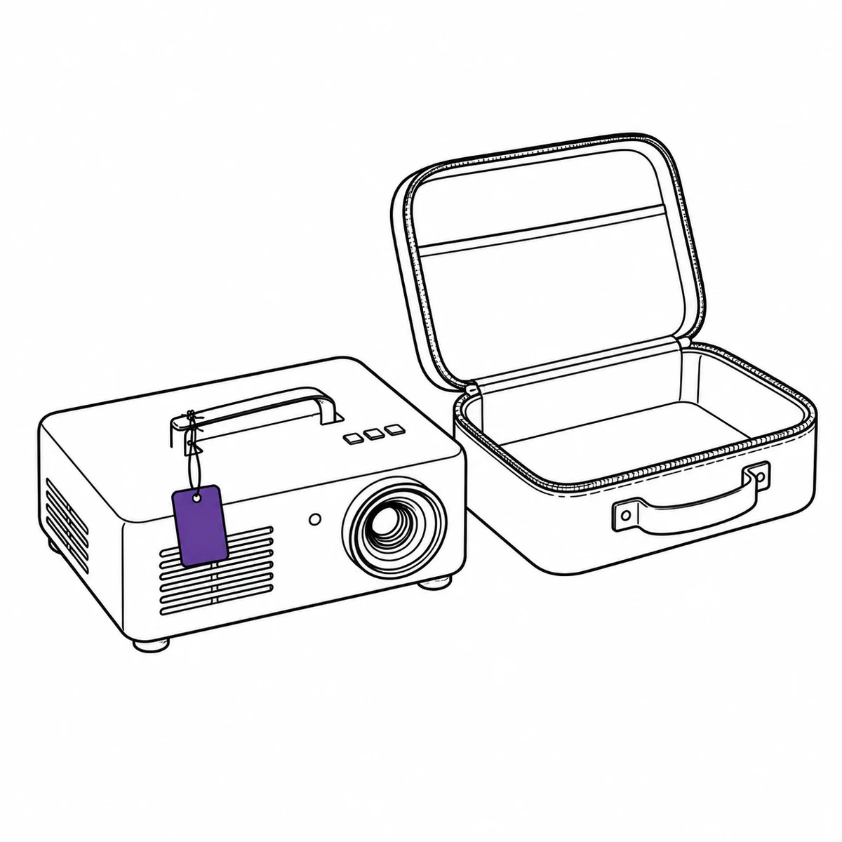 A video projector standing beside its open, empty carry case