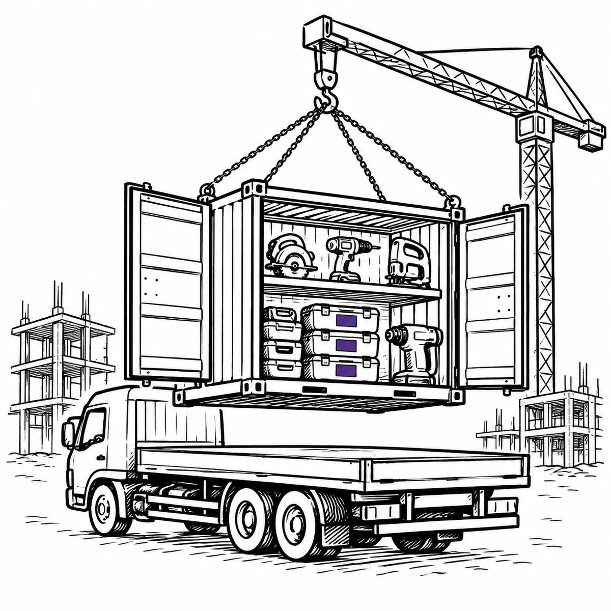 A site storage container being lifted onto a flatbed truck with racked tools visible inside